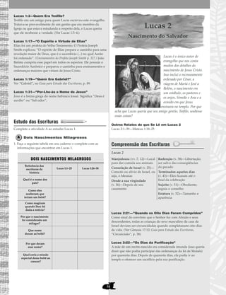 54
Lucas 1:3—Quem Era Teófilo?
Teófilo era um amigo para quem Lucas escreveu este evangelho.
Tratava-se provavelmente de um gentio que era membro da
Igreja ou que estava estudando a respeito dela, e Lucas queria
que ele recebesse a verdade. (Ver Lucas 1:3–4.)
Lucas 1:17—“O Espírito e Virtude de Elias”
Elias foi um profeta do Velho Testamento. O Profeta Joseph
Smith explicou: “O espírito de Elias prepara o caminho para uma
revelação maior de Deus, que é o sacerdócio (...) no qual Aarão
foi ordenado”. (Ensinamentos do Profeta Joseph Smith p. 327.) João
Batista cumpriu esse papel em todos os aspectos. Ele possuía o
Sacerdócio Aarônico e preparou o caminho para ensinamentos e
ordenanças maiores que viriam de Jesus Cristo.
Lucas 1:19—“Quem Era Gabriel?”
Ver “Gabriel”, no Guia para Estudo das Escrituras, p. 89.
Lucas 1:31—“Por-Lhe-ás o Nome de Jesus”
Jesus é a forma grega do nome hebraico Josué. Significa “Deus é
auxílio” ou “Salvador”.
Estudo das Escrituras
Complete a atividade A ao estudar Lucas 1.
Dois Nascimentos Milagrosos
1. Faça a seguinte tabela em seu caderno e complete com as
informações que encontrar em Lucas 1.
Lucas 2
Nascimento do Salvador
Lucas é o único autor de
evangelho que nos conta
muitos dos detalhes do
nascimento de Jesus Cristo.
Isso inclui o recenseamento
ordenado por César, a
viagem de Maria e José a
Belém, o nascimento em
um estábulo, os pastores e
os anjos, Simeão e Ana e a
ocasião em que Jesus
ensinava no templo. Por que
acha que Lucas queria que seu amigo gentio, Teófilo, soubesse
essas coisas?
Outros Relatos do que Se Lê em Lucas 2
Lucas 2:1–39—Mateus 1:18–25
Compreensão das Escrituras
Lucas 2
Lucas 2:21—”Quando os Oito Dias Foram Cumpridos”
Como sinal do convênio que o Senhor fez com Abraão e seus
descendentes, todas as crianças do sexo masculino da casa de
Israel deviam ser circuncidadas quando completassem oito dias
de vida. (Ver Gênesis 17:12; Guia para Estudo das Escrituras,
“Circuncisão”, p. 38)
Lucas 2:22—”Os Dias da Purificação”
A mãe de um recém-nascido era considerada imunda (isso queria
dizer que não podia participar das ordenanças da lei de Moisés)
por quarenta dias. Depois de quarenta dias, ela podia ir ao
templo e oferecer um sacrifício pela sua purificação.
Manjedoura (vv. 7, 12)—Local
para dar comida aos animais
Consolação de Israel (v. 25)—
Consolo ou alívio de Israel, ou
seja, o Messias
Desde a sua virgindade
(v. 36)—Depois de seu
casamento
Redenção (v. 38)—Libertação;
ser salvo das conseqüências
do pecado
Terminados aqueles dias
(v. 43)—Eles ficaram até o
final da celebração
Sujeito (v. 51)—Obediente;
seguia o conselho
Estatura (v. 52)—Tamanho e
aparência
DOIS NASCIMENTOS MILAGROSOS
Referência das
escrituras da
história
Lucas 1:1–25 Lucas 1:26–38
Qual é o nome dos
pais?
Como eles
souberam que
teriam um bebê?
Como reagiram
quando lhes foi
dada a notícia?
Por que o nascimento
foi considerado um
milagre?
Que nome
deram ao bebê?
Por que deram
esse nome?
Qual seria a missão
especial desse bebê ao
crescer?
 