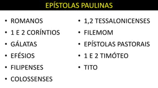 EPÍSTOLAS PAULINAS
• ROMANOS
• 1 E 2 CORÍNTIOS
• GÁLATAS
• EFÉSIOS
• FILIPENSES
• COLOSSENSES
• 1,2 TESSALONICENSES
• FILEMOM
• EPÍSTOLAS PASTORAIS
• 1 E 2 TIMÓTEO
• TITO
 