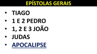 EPÍSTOLAS GERAIS
• TIAGO
• 1 E 2 PEDRO
• 1, 2 E 3 JOÃO
• JUDAS
• APOCALIPSE
 