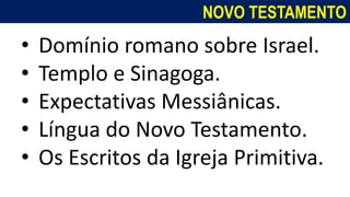 NOVO TESTAMENTO
• Domínio romano sobre Israel.
• Templo e Sinagoga.
• Expectativas Messiânicas.
• Língua do Novo Testamento.
• Os Escritos da Igreja Primitiva.
 