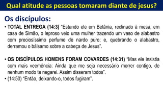 Qual atitude as pessoas tomaram diante de jesus?
Os discípulos:
• TOTAL ENTREGA (14:3) “Estando ele em Betânia, reclinado à mesa, em
casa de Simão, o leproso veio uma mulher trazendo um vaso de alabastro
com preciosíssimo perfume de nardo puro; e, quebrando o alabastro,
derramou o bálsamo sobre a cabeça de Jesus”.
• OS DISCÍPULOS HOMENS FORAM COVARDES (14:31) “Mas ele insistia
com mais veemência: Ainda que me seja necessário morrer contigo, de
nenhum modo te negarei. Assim disseram todos”.
• (14:50) “Então, deixando-o, todos fugiram”.
 