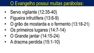 O Evangelho possui muitas parábolas:
Homem, como o seu Messias.
• Servo vigilante (12:35-40)
• Figueira infrutífera (13:6-9)
• O grão de mostarda e o fermento (13:18-21)
• Os primeiros lugares (14:7-14)
• O Grande jantar (14:15-24)
• A dracma perdida (15:1-10)
 