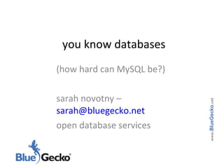 you know databases (how hard can MySQL be?) sarah novotny –  [email_address] open database services www .BlueGecko . net 