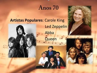 Anos 70Artistas Populares: Carole King                                        Led ZeppelinAbbaQueen