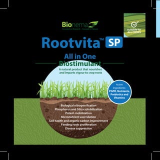 Founded on Research – Focused on Nature
A natural product that nourishes
and imparts vigour to crop roots
Active
Ingredients:
PGPR, Nutrients,
Prebiotics and
Vitamins
Suitable for
ALL CROPS
Rootvita™ SP
All in One
Biostimulant
Biological nitrogen fixation
Phosphorus and Silica solubilization
Potash mobilization
Micronutrient assimilation
Soil health and organic carbon improvement
Feeding roots proliferation
Disease suppression
 