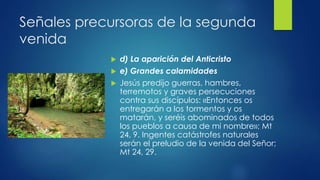 Señales precursoras de la segunda 
venida 
 d) La aparición del Anticristo 
 e) Grandes calamidades 
 Jesús predijo guerras, hambres, 
terremotos y graves persecuciones 
contra sus discípulos: «Entonces os 
entregarán a los tormentos y os 
matarán, y seréis abominados de todos 
los pueblos a causa de mi nombre»; Mt 
24, 9. Ingentes catástrofes naturales 
serán el preludio de la venida del Señor; 
Mt 24, 29. 
 