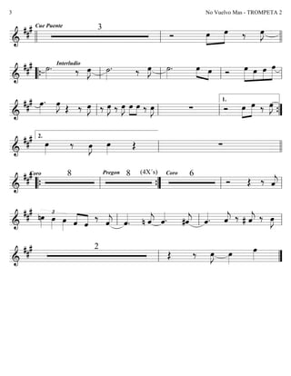 ========================&
##
# Cue Puente 3
Ó »»»»
»»»»»
œ œ ‰ œ»»»»
J
llll ll llll
========================&
##
# ˙»»»»
. Interludio
‰ œ»»»»
J ˙»»»»
. ‰ œ»»»»
J ˙»»»»
. œ»»» »»»œ Ó »»»»»
»»»»
»»»»
»»»»»
œ œ œ œ
““{ ll ll ll ll
========================&
##
# œ»»»»
. œ»»»»
J
Œ ‰ œ»»»»
J ‰ œ»»»»
J ‰ œ»»»»
J œ»»»
»»»
œ ‰ œ»»»»
J ∑ Ó »»»»
»»»»»
œ œ ‰ œ»»»»
J
ll ll ll ””{
1.
========================&
##
#
œ»»»»
‰ œ»»»»
J œ»»»»
Œ ∑
ll
2.
llll
========================&
##
#Coro 8 Pregon 8 (4X´s) Coro 6
Ó Œ ‰ ˆ««««
j““{ ll ””{ llll ll ll
========================&
##
#
nœ»»»»
£
œ»»»»
œ»»»» ˆ««««
««««
ˆ
‰
ˆ««««
j ˆ««««
. n ˆ««««
j ˆ««««. #ˆ««««
j ˆ««««. ˆ««««
j ‰ # ˆ««««
j ‰ œ»»»»
J
ll ll ll
========================&
##
# 2
Œ ‰ œ»»»»
J œ»»»»
œ»»»»ll ””
No Vuelvo Mas - TROMPETA 23
 