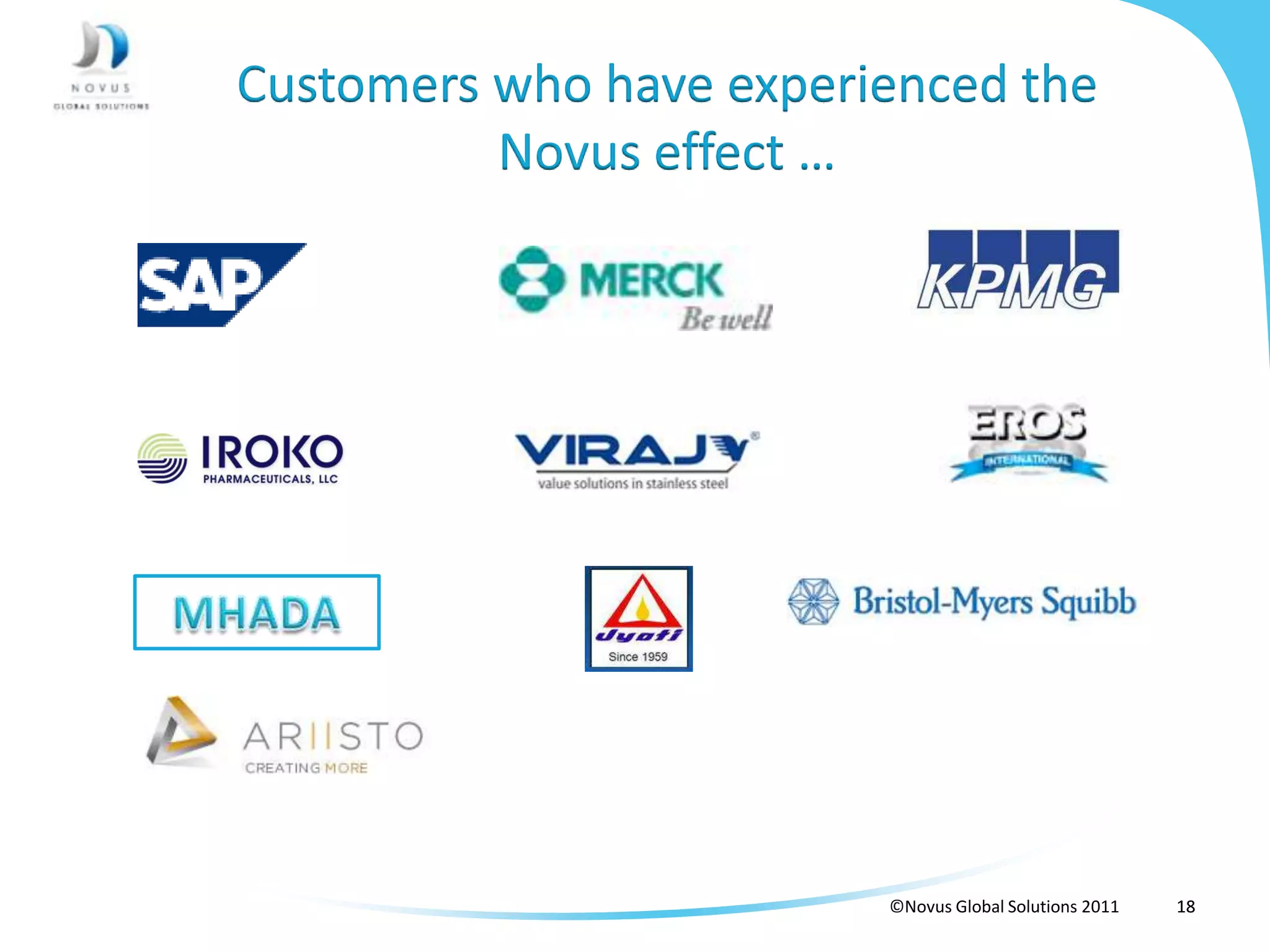 Customers who have experienced the
          Novus effect …




                         ©Novus Global Solutions 2011   18
 