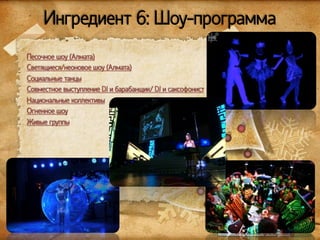Ингредиент 6: Шоу-программа
Песочное шоу (Алмата)
Светящиеся/неоновое шоу (Алмата)
Социальные танцы
Совместное выступление DJ и барабанщик/ DJ и саксофонист
Национальные коллективы
Огненное шоу
Живые группы

www.sunpeople.kg

 