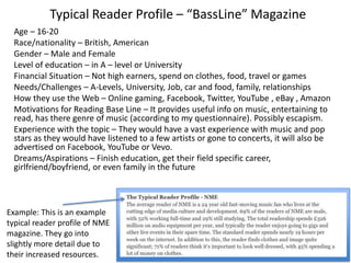 Typical Reader Profile – “BassLine” Magazine
Age – 16-20
Race/nationality – British, American
Gender – Male and Female
Level of education – in A – level or University
Financial Situation – Not high earners, spend on clothes, food, travel or games
Needs/Challenges – A-Levels, University, Job, car and food, family, relationships
How they use the Web – Online gaming, Facebook, Twitter, YouTube , eBay , Amazon
Motivations for Reading Base Line – It provides useful info on music, entertaining to
read, has there genre of music (according to my questionnaire). Possibly escapism.
Experience with the topic – They would have a vast experience with music and pop
stars as they would have listened to a few artists or gone to concerts, it will also be
advertised on Facebook, YouTube or Vevo.
Dreams/Aspirations – Finish education, get their field specific career,
girlfriend/boyfriend, or even family in the future

Example: This is an example
typical reader profile of NME
magazine. They go into
slightly more detail due to
their increased resources.

 