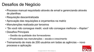 Desafios de Negócio
 • Processo manual requisitado através de email e gerenciando através
   de planilhas
 • Requisição descentralizada
 • Aprovação das requisições e orçamentos na matriz
 • Manutenções realizada por terceiros
 • “Se você não consegue medir, você não consegue melhorar – Kaplan”
 • Desafios Principais
   – Gestão da qualidade dos fornecedores
   – Proatividade nas manutenções – escala e crescimento
 • Treinamento de mais de 200 usuários em todas as agências – novo
   processo e aplicação
                             © Copyright 2000-2010 TIBCO Software Inc.
 