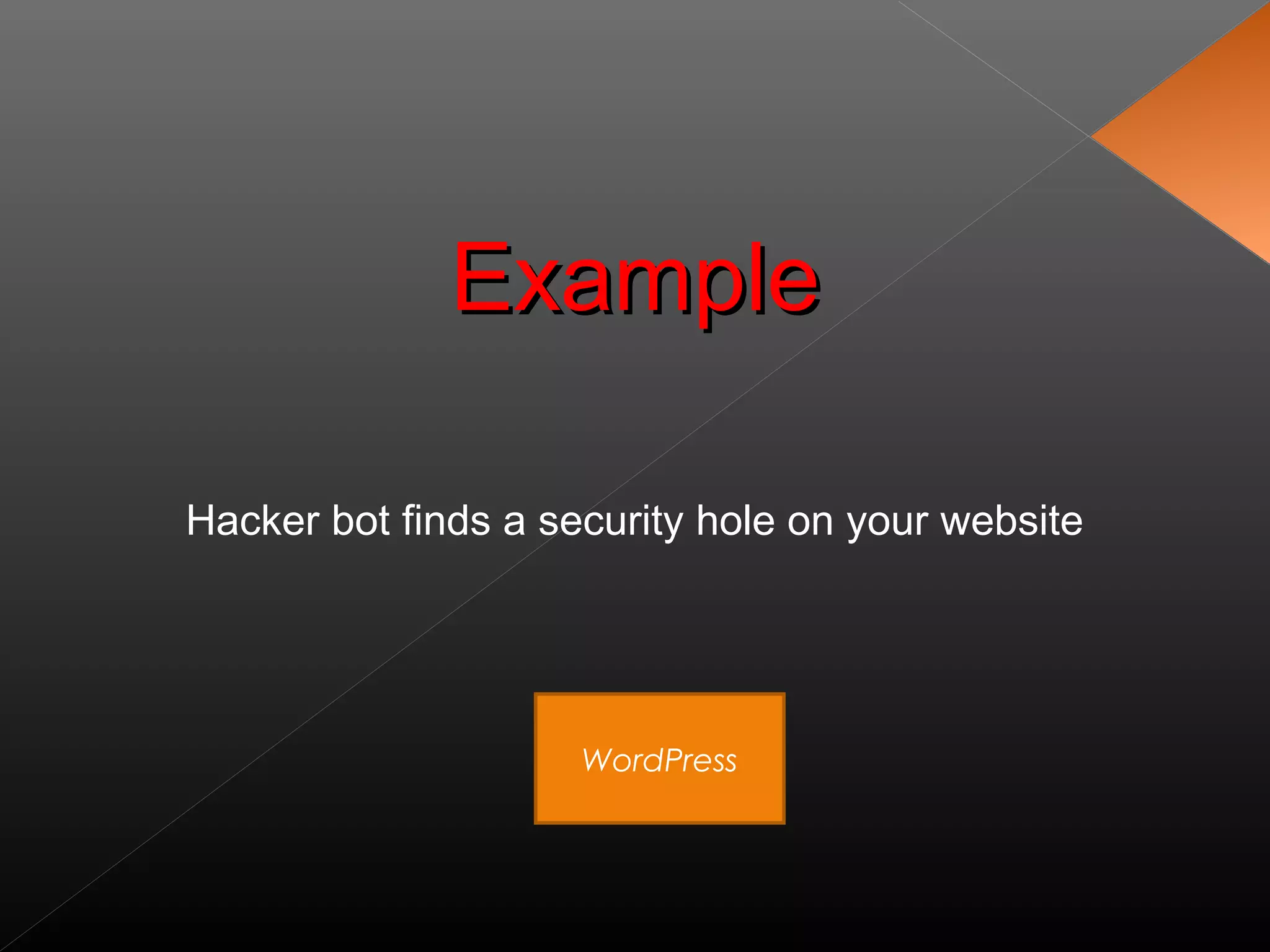 ExampleExample
WordPress
Hacker bot finds a security hole on your website
 