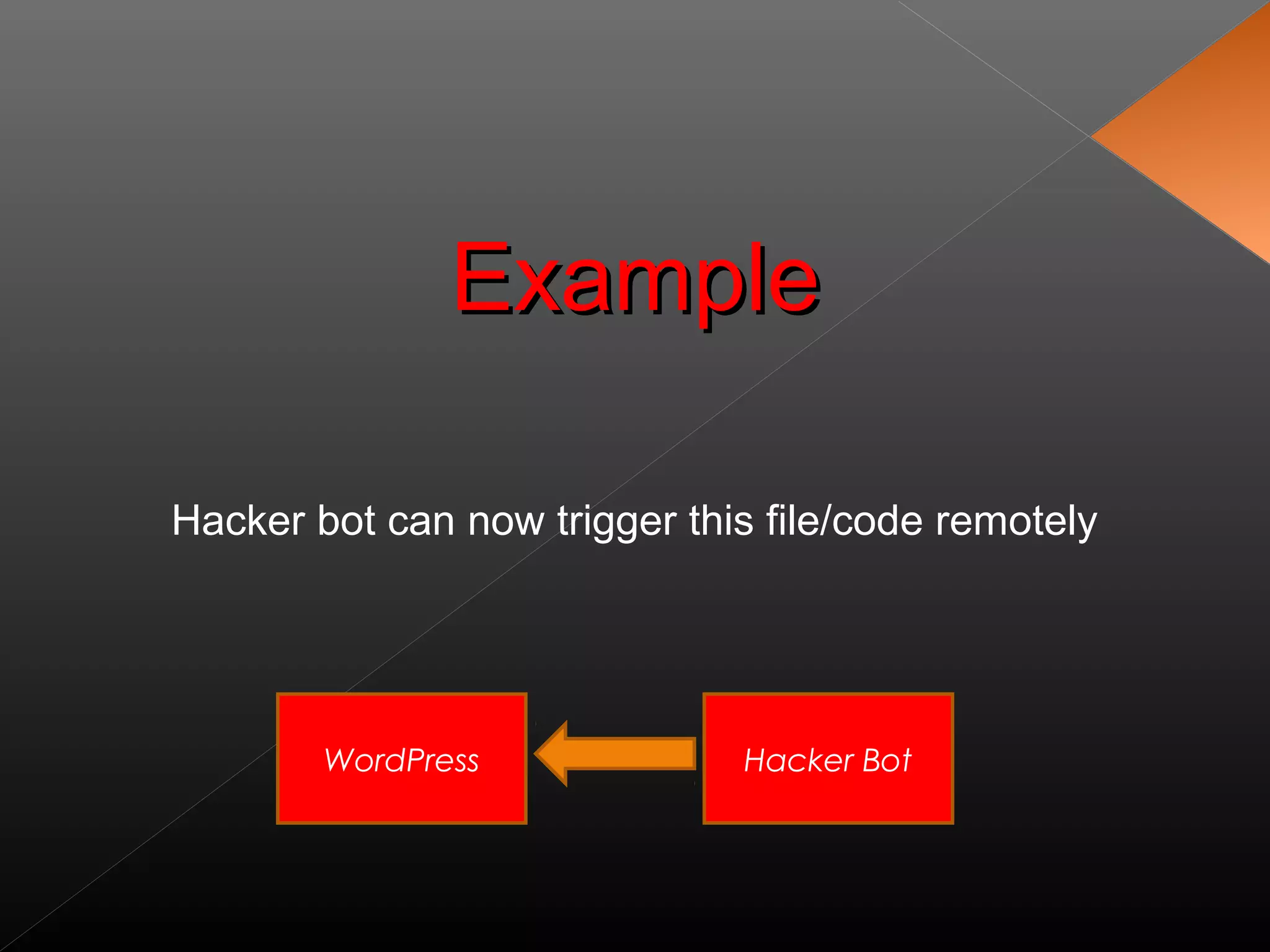 ExampleExample
WordPress Hacker Bot
Hacker bot can now trigger this file/code remotely
 