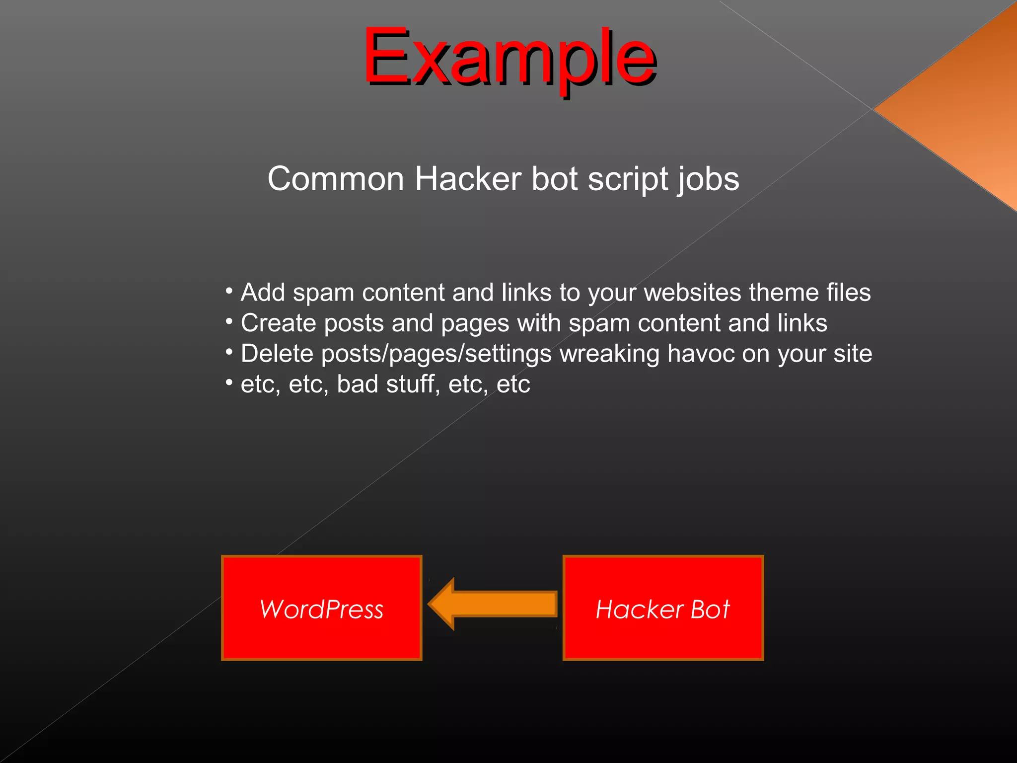 ExampleExample
WordPress Hacker Bot
Common Hacker bot script jobs
• Add spam content and links to your websites theme files
• Create posts and pages with spam content and links
• Delete posts/pages/settings wreaking havoc on your site
• etc, etc, bad stuff, etc, etc
 