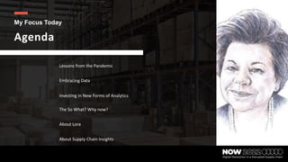 Lessons from the Pandemic
Embracing Data
Investing in New Forms of Analytics
The So What? Why now?
About Lora
About Supply Chain Insights
My Focus Today
Agenda
 