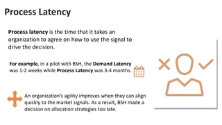 Process Latency
Process latency is the time that it takes an
organization to agree on how to use the signal to
drive the decision.
For example, in a pilot with BSH, the Demand Latency
was 1-2 weeks while Process Latency was 3-4 months.
An organization’s agility improves when they can align
quickly to the market signals. As a result, BSH made a
decision on allocation strategies too late.
 