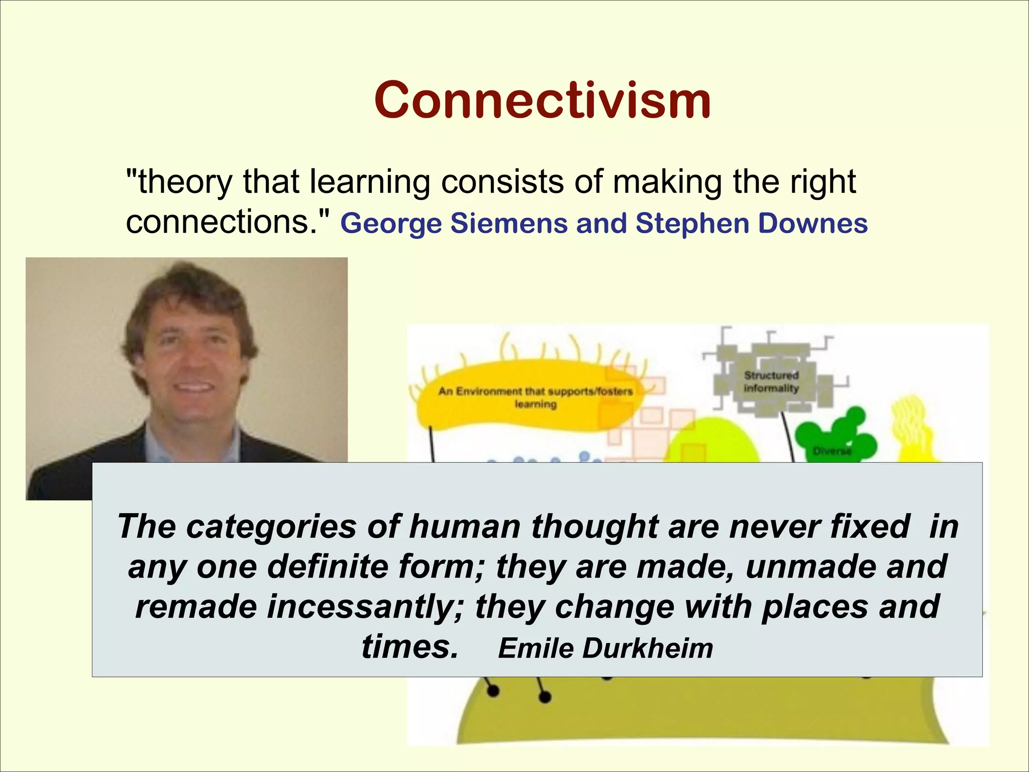 Connectivism

!
"theory that learning consists of making the right
connections." George Siemens and Stephen Downes

 
The categories of human thought are never fixed in
any one definite form; they are made, unmade and
remade incessantly; they change with places and
times. Emile Durkheim

 