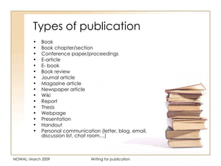 Types of publication <ul><li>Book </li></ul><ul><li>Book chapter/section </li></ul><ul><li>Conference paper/proceedings </...