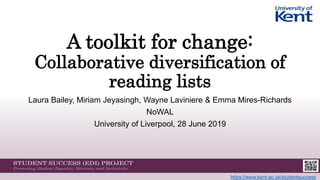 https://www.kent.ac.uk/studentsuccess
A toolkit for change:
Collaborative diversification of
reading lists
Laura Bailey, Miriam Jeyasingh, Wayne Laviniere & Emma Mires-Richards
NoWAL
University of Liverpool, 28 June 2019
 