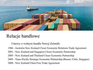 Relacje handlowe
Umowy o wolnym handlu Nowej Zelandii:
1966 - Australia New Zealand Closer Economic Relations Trade Agreement
2001 - New Zealand and Singapore Closer Economic Partnership
2005 - New Zealand and Thailand Closer Economic Partnership
2005 - Trans-Pacific Strategic Economic Partnership (Brunei, Chile, Singapur)
2008 - New Zealand China Free Trade Agreement
 