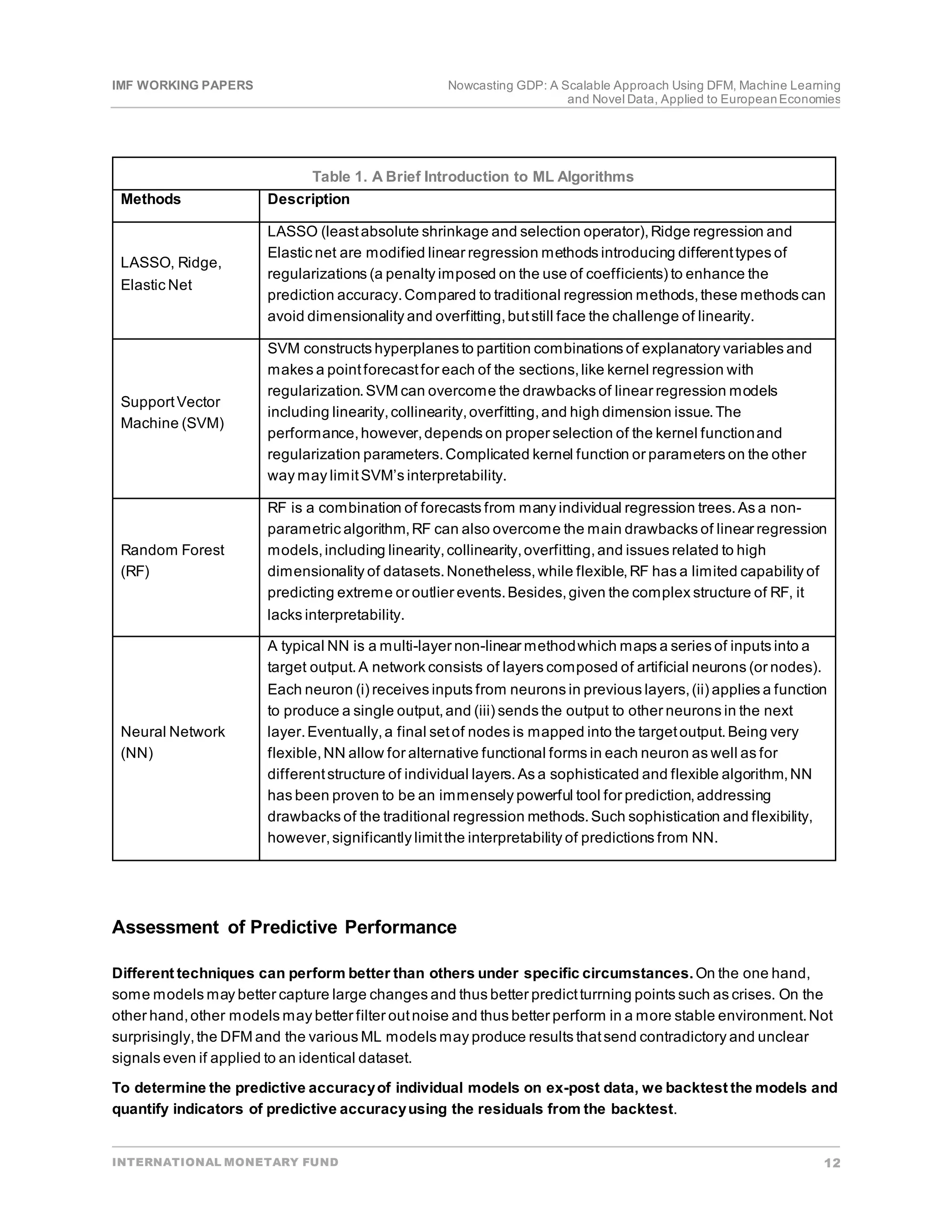 IMF WORKING PAPERS Nowcasting GDP: A Scalable Approach Using DFM, Machine Learning
and Novel Data, Applied to EuropeanEconomies
INTERNATIONAL MONETARY FUND 12
Table 1. A Brief Introduction to ML Algorithms
Methods Description
LASSO, Ridge,
Elastic Net
LASSO (leastabsolute shrinkage and selection operator),Ridge regression and
Elastic net are modified linear regression methods introducing differenttypes of
regularizations (a penalty imposed on the use of coefficients) to enhance the
prediction accuracy.Compared to traditional regression methods,these methods can
avoid dimensionality and overfitting,butstill face the challenge of linearity.
SupportVector
Machine (SVM)
SVM constructs hyperplanes to partition combinations of explanatory variables and
makes a pointforecastfor each of the sections,like kernel regression with
regularization.SVM can overcome the drawbacks of linear regression models
including linearity,collinearity,overfitting,and high dimension issue.The
performance,however,depends on proper selection of the kernel functionand
regularization parameters.Complicated kernel function or parameters on the other
way may limitSVM’s interpretability.
Random Forest
(RF)
RF is a combination of forecasts from many individual regression trees.As a non-
parametric algorithm,RF can also overcome the main drawbacks of linear regression
models,including linearity,collinearity,overfitting,and issues related to high
dimensionality of datasets.Nonetheless,while flexible,RF has a limited capability of
predicting extreme or outlier events.Besides,given the complex structure of RF, it
lacks interpretability.
Neural Network
(NN)
A typical NN is a multi-layer non-linear methodwhich maps a series of inputs into a
target output.A network consists of layers composed of artificial neurons (or nodes).
Each neuron (i) receives inputs from neurons in previous layers,(ii) applies a function
to produce a single output,and (iii) sends the output to other neurons in the next
layer.Eventually,a final setof nodes is mapped into the targetoutput.Being very
flexible,NN allow for alternative functional forms in each neuron as well as for
differentstructure of individual layers.As a sophisticated and flexible algorithm,NN
has been proven to be an immensely powerful tool for prediction,addressing
drawbacks of the traditional regression methods.Such sophistication and flexibility,
however,significantly limitthe interpretability of predictions from NN.
Assessment of Predictive Performance
Different techniques can perform better than others under specific circumstances.On the one hand,
some models may better capture large changes and thus better predictturrning points such as crises. On the
other hand,other models may better filter outnoise and thus better perform in a more stable environment.Not
surprisingly,the DFM and the various ML models may produce results thatsend contradictory and unclear
signals even if applied to an identical dataset.
To determine the predictive accuracyof individual models on ex-post data, we backtest the models and
quantify indicators of predictive accuracyusing the residuals from the backtest.
 