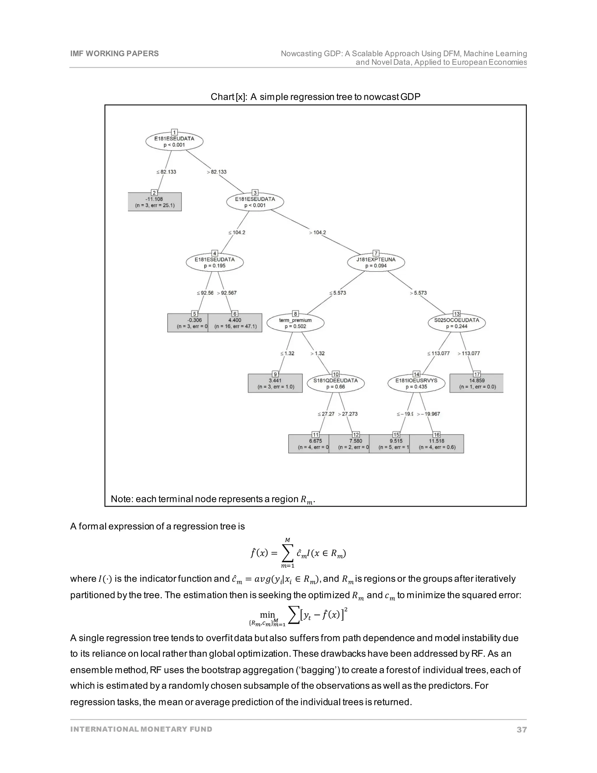 IMF WORKING PAPERS Nowcasting GDP: A Scalable Approach Using DFM, Machine Learning
and Novel Data, Applied to EuropeanEconomies
INTERNATIONAL MONETARY FUND 37
Chart[x]: A simple regression tree to nowcastGDP
Note: each terminal node represents a region 𝑅𝑅𝑚𝑚.
A formal expression of a regression tree is
𝑓𝑓
̂(𝑥𝑥) = � 𝑐𝑐̂𝑚𝑚𝐼𝐼(𝑥𝑥 ∈ 𝑅𝑅𝑚𝑚)
𝑀𝑀
𝑚𝑚=1
where 𝐼𝐼(⋅) is the indicator function and 𝑐𝑐̂𝑚𝑚 = 𝑎𝑎𝑎𝑎𝑎𝑎(𝑦𝑦𝑖𝑖|𝑥𝑥𝑖𝑖 ∈ 𝑅𝑅𝑚𝑚),and 𝑅𝑅𝑚𝑚 is regions or the groups after iteratively
partitioned by the tree. The estimation then is seeking the optimized 𝑅𝑅𝑚𝑚 and 𝑐𝑐𝑚𝑚 to minimize the squared error:
min
{𝑅𝑅𝑚𝑚,𝑐𝑐𝑚𝑚}𝑚𝑚=1
𝑀𝑀
��𝑦𝑦𝑡𝑡 − 𝑓𝑓
̂(𝑥𝑥)�
2
A single regression tree tends to overfitdata butalso suffers from path dependence and model instability due
to its reliance on local rather than global optimization.These drawbacks have been addressed by RF. As an
ensemble method,RF uses the bootstrap aggregation (‘bagging’) to create a forestof individual trees,each of
which is estimated by a randomly chosen subsample of the observations as well as the predictors.For
regression tasks,the mean or average prediction of the individual trees is returned.
 