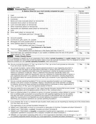 1
I.R.S. SPECIFICATIONS TO BE REMOVED BEFORE PRINTING
DO NOT PRINT — DO NOT PRINT — DO NOT PRINT — DO NOT PRINT
INSTRUCTIONS TO PRINTERS
FORM 1023, PAGE 10 OF 28
MARGINS; TOP 13mm (1/2"), CENTER SIDES. PRINTS: HEAD TO HEAD
PAPER: WHITE WRITING, SUB. 20. INK: BLACK
FLAT SIZE: 216mm (8-1/2") x 279mm (11")
PERFORATE: None
Form 1023 (Rev. 6-2006)
– Page 10Form 1023 (Rev. 6-2006) Name: EIN:
Financial Data (Continued)
B. Balance Sheet (for your most recently completed tax year) Year End:
1
2
3
4
5
6
7
8
9
10
11
12
13
14
15
16
17
18
19
1a
b
Assets (Whole dollars)
Cash
Accounts receivable, net
Inventories
Bonds and notes receivable (attach an itemized list)
Corporate stocks (attach an itemized list)
Loans receivable (attach an itemized list)
Other investments (attach an itemized list)
Depreciable and depletable assets (attach an itemized list)
Land
Other assets (attach an itemized list)
Total Assets (add lines 1 through 10)
Liabilities
Accounts payable
Contributions, gifts, grants, etc. payable
Mortgages and notes payable (attach an itemized list)
Other liabilities (attach an itemized list)
Total Liabilities (add lines 12 through 15)
Fund Balances or Net Assets
Total fund balances or net assets
Total Liabilities and Fund Balances or Net Assets (add lines 16 and 17)
Have there been any substantial changes in your assets or liabilities since the end of the period
shown above? If “Yes,” explain.
1
2
3
4
5
6
7
8
9
10
11
12
13
14
15
16
17
18
Yes No
Public Charity Status
Part X is designed to classify you as an organization that is either a private foundation or a public charity. Public charity status
is a more favorable tax status than private foundation status. If you are a private foundation, Part X is designed to further
determine whether you are a private operating foundation. (See instructions.)
Are you a private foundation? If “Yes,” go to line 1b. If “No,” go to line 5 and proceed as instructed.
If you are unsure, see the instructions.
As a private foundation, section 508(e) requires special provisions in your organizing document in
addition to those that apply to all organizations described in section 501(c)(3). Check the box to
confirm that your organizing document meets this requirement, whether by express provision or by
reliance on operation of state law. Attach a statement that describes specifically where your
organizing document meets this requirement, such as a reference to a particular article or section in
your organizing document or by operation of state law. See the instructions, including Appendix B,
for information about the special provisions that need to be contained in your organizing document.
Go to line 2.
Are you a private operating foundation? To be a private operating foundation you must engage
directly in the active conduct of charitable, religious, educational, and similar activities, as opposed
to indirectly carrying out these activities by providing grants to individuals or other organizations. If
“Yes,” go to line 3. If “No,” go to the signature section of Part XI.
Have you existed for one or more years? If “Yes,” attach financial information showing that you are a private
operating foundation; go to the signature section of Part XI. If “No,” continue to line 4.
Have you attached either (1) an affidavit or opinion of counsel, (including a written affidavit or opinion
from a certified public accountant or accounting firm with expertise regarding this tax law matter),
that sets forth facts concerning your operations and support to demonstrate that you are likely to
satisfy the requirements to be classified as a private operating foundation; or (2) a statement
describing your proposed operations as a private operating foundation?
2
3
4
Yes No
Yes No
Yes No
Yes No
Part X
Part IX
5
a
c
d
b
If you answered “No” to line 1a, indicate the type of public charity status you are requesting by checking one of the choices below.
You may check only one box.
The organization is not a private foundation because it is:
509(a)(1) and 170(b)(1)(A)(i)—a church or a convention or association of churches. Complete and attach Schedule A.
509(a)(1) and 170(b)(1)(A)(ii)—a school. Complete and attach Schedule B.
509(a)(1) and 170(b)(1)(A)(iii)—a hospital, a cooperative hospital service organization, or a medical research
organization operated in conjunction with a hospital. Complete and attach Schedule C.
509(a)(3)—an organization supporting either one or more organizations described in line 5a through c, f, g, or h
or a publicly supported section 501(c)(4), (5), or (6) organization. Complete and attach Schedule D.
!
!
 