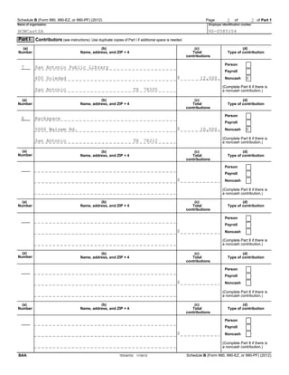 Page ofSchedule B (Form 990, 990-EZ, or 990-PF) (2012) of Part 1
Name of organization Employer identification number
Part ...