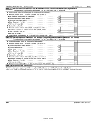 Schedule D (Form 990) 2014 Page 4
Part XI Reconciliation of Revenue per Audited Financial Statements With Revenue per Retu...