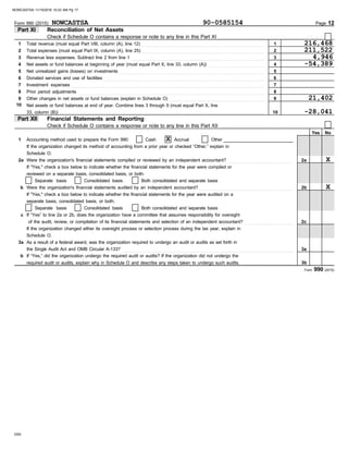 Other
Accrual
Cash
3b
3a
2c
2b
2a
No
Yes
If “Yes,” did the organization undergo the required audit or audits? If the organization did not undergo the
the Single Audit Act and OMB Circular A-133? . . . . . . . . . . . . . . . . . . . . . . . . . . . . . . . . . . . . . . . . . . . . . . . . . . . . . . . . . . . . . . . . . . . . . . . . . . . . . . . . . . . . . . . . .
As a result of a federal award, was the organization required to undergo an audit or audits as set forth in
of the audit, review, or compilation of its financial statements and selection of an independent accountant? . . . . . . . . . . . . . . . . . . . . . . . . .
If “Yes” to line 2a or 2b, does the organization have a committee that assumes responsibility for oversight
Were the organization's financial statements audited by an independent accountant? . . . . . . . . . . . . . . . . . . . . . . . . . . . . . . . . . . . . . . . . . . . . . . . . .
Were the organization's financial statements compiled or reviewed by an independent accountant? . . . . . . . . . . . . . . . . . . . . . . . . . . . . . . . . . .
Accounting method used to prepare the Form 990:
b
3a
c
b
2a
1
Part XII Financial Statements and Reporting
Page 12
Form 990 (2015)
DAA
Form 990 (2015)
If the organization changed its method of accounting from a prior year or checked “Other,” explain in
Schedule O.
If the organization changed either its oversight process or selection process during the tax year, explain in
Schedule O.
required audit or audits, explain why in Schedule O and describe any steps taken to undergo such audits. . . . . . . . . . . . . . . . . . . . . . . . . . . .
Reconciliation of Net Assets
Part XI
Check if Schedule O contains a response or note to any line in this Part XI . . . . . . . . . . . . . . . . . . . . . . . . . . . . . . . . . . . . . . . . . . . . . . . . . . . . . .
1
1 Total revenue (must equal Part VIII, column (A), line 12) . . . . . . . . . . . . . . . . . . . . . . . . . . . . . . . . . . . . . . . . . . . . . . . . . . . . . . . . . . . . . . . .
Total expenses (must equal Part IX, column (A), line 25) . . . . . . . . . . . . . . . . . . . . . . . . . . . . . . . . . . . . . . . . . . . . . . . . . . . . . . . . . . . . . . . .
2 2
3
4
9
10
Check if Schedule O contains a response or note to any line in this Part XII . . . . . . . . . . . . . . . . . . . . . . . . . . . . . . . . . . . . . . . . . . . . . . . . . . . . .
3 Revenue less expenses. Subtract line 2 from line 1 . . . . . . . . . . . . . . . . . . . . . . . . . . . . . . . . . . . . . . . . . . . . . . . . . . . . . . . . . . . . . . . . . . . . .
Net assets or fund balances at beginning of year (must equal Part X, line 33, column (A)) . . . . . . . . . . . . . . . . . . . . . . . . . . . . .
Other changes in net assets or fund balances (explain in Schedule O) . . . . . . . . . . . . . . . . . . . . . . . . . . . . . . . . . . . . . . . . . . . . . . . . . .
Net assets or fund balances at end of year. Combine lines 3 through 9 (must equal Part X, line
33, column (B)) . . . . . . . . . . . . . . . . . . . . . . . . . . . . . . . . . . . . . . . . . . . . . . . . . . . . . . . . . . . . . . . . . . . . . . . . . . . . . . . . . . . . . . . . . . . . . . . . . . . . . . . . . . .
4
5
6
5
6
7
8
8
7
9
10
Net unrealized gains (losses) on investments . . . . . . . . . . . . . . . . . . . . . . . . . . . . . . . . . . . . . . . . . . . . . . . . . . . . . . . . . . . . . . . . . . . . . . . . . . . .
Donated services and use of facilities . . . . . . . . . . . . . . . . . . . . . . . . . . . . . . . . . . . . . . . . . . . . . . . . . . . . . . . . . . . . . . . . . . . . . . . . . . . . . . . . . . . .
Investment expenses . . . . . . . . . . . . . . . . . . . . . . . . . . . . . . . . . . . . . . . . . . . . . . . . . . . . . . . . . . . . . . . . . . . . . . . . . . . . . . . . . . . . . . . . . . . . . . . . . . . . .
Prior period adjustments . . . . . . . . . . . . . . . . . . . . . . . . . . . . . . . . . . . . . . . . . . . . . . . . . . . . . . . . . . . . . . . . . . . . . . . . . . . . . . . . . . . . . . . . . . . . . . . . .
If "Yes," check a box below to indicate whether the financial statements for the year were compiled or
reviewed on a separate basis, consolidated basis, or both:
Separate basis Consolidated basis Both consolidated and separate basis
Both consolidated and separate basis
Consolidated basis
Separate basis
separate basis, consolidated basis, or both:
If "Yes," check a box below to indicate whether the financial statements for the year were audited on a
NOWCASTSA 90-0585154
216,468
211,522
4,946
-54,389
21,402
-28,041
X
X
X
NOWCASTSA 11/15/2016 10:23 AM Pg 17
 