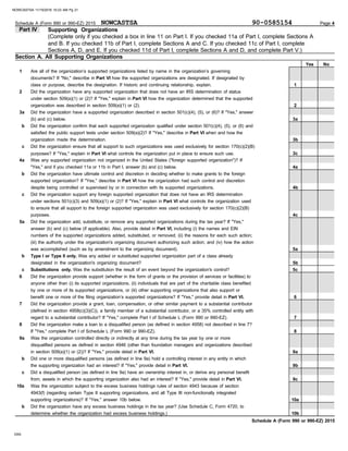 DAA
Schedule A (Form 990 or 990-EZ) 2015
Part IV Supporting Organizations
Sections A, D, and E. If you checked 11d of Part I, complete Sections A and D, and complete Part V.)
Schedule A (Form 990 or 990-EZ) 2015 Page 4
Section A. All Supporting Organizations
(Complete only if you checked a box in line 11 on Part I. If you checked 11a of Part I, complete Sections A
and B. If you checked 11b of Part I, complete Sections A and C. If you checked 11c of Part I, complete
Are all of the organization’s supported organizations listed by name in the organization’s governing
documents? If "No," describe in Part VI how the supported organizations are designated. If designated by
class or purpose, describe the designation. If historic and continuing relationship, explain.
Did the organization have any supported organization that does not have an IRS determination of status
under section 509(a)(1) or (2)? If "Yes," explain in Part VI how the organization determined that the supported
organization was described in section 509(a)(1) or (2).
1
2
3a
b
c
4a
b
c
5a
b
c
6
7
8
9a
b
c
10a
b
Did the organization have a supported organization described in section 501(c)(4), (5), or (6)? If "Yes," answer
(b) and (c) below.
Did the organization confirm that each supported organization qualified under section 501(c)(4), (5), or (6) and
satisfied the public support tests under section 509(a)(2)? If "Yes," describe in Part VI when and how the
organization made the determination.
Did the organization ensure that all support to such organizations was used exclusively for section 170(c)(2)(B)
purposes? If "Yes," explain in Part VI what controls the organization put in place to ensure such use.
Was any supported organization not organized in the United States ("foreign supported organization")? If
"Yes," and if you checked 11a or 11b in Part I, answer (b) and (c) below.
Did the organization have ultimate control and discretion in deciding whether to make grants to the foreign
supported organization? If "Yes," describe in Part VI how the organization had such control and discretion
despite being controlled or supervised by or in connection with its supported organizations.
Did the organization support any foreign supported organization that does not have an IRS determination
under sections 501(c)(3) and 509(a)(1) or (2)? If "Yes," explain in Part VI what controls the organization used
to ensure that all support to the foreign supported organization was used exclusively for section 170(c)(2)(B)
purposes.
Did the organization add, substitute, or remove any supported organizations during the tax year? If "Yes,"
answer (b) and (c) below (if applicable). Also, provide detail in Part VI, including (i) the names and EIN
numbers of the supported organizations added, substituted, or removed; (ii) the reasons for each such action;
(iii) the authority under the organization's organizing document authorizing such action; and (iv) how the action
was accomplished (such as by amendment to the organizing document).
Type I or Type II only. Was any added or substituted supported organization part of a class already
designated in the organization's organizing document?
Substitutions only. Was the substitution the result of an event beyond the organization's control?
Did the organization provide support (whether in the form of grants or the provision of services or facilities) to
anyone other than (i) its supported organizations, (ii) individuals that are part of the charitable class benefited
by one or more of its supported organizations, or (iii) other supporting organizations that also support or
benefit one or more of the filing organization’s supported organizations? If "Yes," provide detail in Part VI.
Did the organization provide a grant, loan, compensation, or other similar payment to a substantial contributor
(defined in section 4958(c)(3)(C)), a family member of a substantial contributor, or a 35% controlled entity with
regard to a substantial contributor? If "Yes," complete Part I of Schedule L (Form 990 or 990-EZ).
Did the organization make a loan to a disqualified person (as defined in section 4958) not described in line 7?
If "Yes," complete Part I of Schedule L (Form 990 or 990-EZ).
Was the organization controlled directly or indirectly at any time during the tax year by one or more
disqualified persons as defined in section 4946 (other than foundation managers and organizations described
in section 509(a)(1) or (2))? If "Yes," provide detail in Part VI.
Did one or more disqualified persons (as defined in line 9a) hold a controlling interest in any entity in which
the supporting organization had an interest? If "Yes," provide detail in Part VI.
Did a disqualified person (as defined in line 9a) have an ownership interest in, or derive any personal benefit
from, assets in which the supporting organization also had an interest? If "Yes," provide detail in Part VI.
Was the organization subject to the excess business holdings rules of section 4943 because of section
4943(f) (regarding certain Type II supporting organizations, and all Type III non-functionally integrated
supporting organizations)? If "Yes," answer 10b below.
Did the organization have any excess business holdings in the tax year? (Use Schedule C, Form 4720, to
determine whether the organization had excess business holdings.)
Yes No
1
2
3a
3b
3c
4a
4b
4c
5a
5b
5c
6
7
8
9a
9b
9c
10a
10b
NOWCASTSA 90-0585154
NOWCASTSA 11/15/2016 10:23 AM Pg 21
 