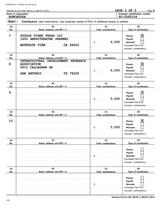 Part I
Type of contribution
Person
Payroll
Noncash
(a) (b) (c) (d)
No. Name, address, and ZIP + 4 Type of contribution
Person
Payroll
Noncash
(a) (b) (c) (d)
No. Name, address, and ZIP + 4 Type of contribution
Person
Payroll
Noncash
(a) (b) (c) (d)
No. Name, address, and ZIP + 4 Type of contribution
Person
Payroll
Noncash
Schedule B (Form 990, 990-EZ, or 990-PF) (2015)
$ . . . . . . . . . . . . . . . . . . . . . . . . . . . .
(Complete Part II for
noncash contributions.)
$ . . . . . . . . . . . . . . . . . . . . . . . . . . . .
(Complete Part II for
noncash contributions.)
$ . . . . . . . . . . . . . . . . . . . . . . . . . . . .
(Complete Part II for
noncash contributions.)
$ . . . . . . . . . . . . . . . . . . . . . . . . . . . .
(Complete Part II for
noncash contributions.)
$ . . . . . . . . . . . . . . . . . . . . . . . . . . . .
(Complete Part II for
noncash contributions.)
$ . . . . . . . . . . . . . . . . . . . . . . . . . . . .
(Complete Part II for
noncash contributions.)
DAA
Contributors (see instructions). Use duplicate copies of Part I if additional space is needed.
(a) (b) (c) (d)
No. Name, address, and ZIP + 4 Total contributions Type of contribution
Person
Payroll
Noncash
(a) (b) (c) (d)
No. Name, address, and ZIP + 4 Type of contribution
Person
Payroll
Noncash
(a) (b) (c) (d)
No. Name, address, and ZIP + 4
Name of organization Employer identification number
. . . . . . .
. . . . . . .
. . . . . . .
. . . . . . .
. . . . . . .
. . . . . . .
. . . . . . . . . . . . . . . . . . . . . . . . . . . . . . . . . . . . . . . . . . . . . . . . . . . . . . . . . . . . . . . . . . . . . . . . . . . . .
. . . . . . . . . . . . . . . . . . . . . . . . . . . . . . . . . . . . . . . . . . . . . . . . . . . . . . . . . . . . . . . . . . . . . . . . . . . . .
. . . . . . . . . . . . . . . . . . . . . . . . . . . . . . . . . . . . . . . . . . . . . . . . . . . . . . . . . . . . . . . . . . . . . . . . . . . . .
. . . . . . . . . . . . . . . . . . . . . . . . . . . . . . . . . . . . . . . . . . . . . . . . . . . . . . . . . . . . . . . . . . . . . . . . . . . . .
. . . . . . . . . . . . . . . . . . . . . . . . . . . . . . . . . . . . . . . . . . . . . . . . . . . . . . . . . . . . . . . . . . . . . . . . . . . . .
. . . . . . . . . . . . . . . . . . . . . . . . . . . . . . . . . . . . . . . . . . . . . . . . . . . . . . . . . . . . . . . . . . . . . . . . . . . . .
. . . . . . . . . . . . . . . . . . . . . . . . . . . . . . . . . . . . . . . . . . . . . . . . . . . . . . . . . . . . . . . . . . . . . . . . . . . . .
. . . . . . . . . . . . . . . . . . . . . . . . . . . . . . . . . . . . . . . . . . . . . . . . . . . . . . . . . . . . . . . . . . . . . . . . . . . . .
. . . . . . . . . . . . . . . . . . . . . . . . . . . . . . . . . . . . . . . . . . . . . . . . . . . . . . . . . . . . . . . . . . . . . . . . . . . . .
. . . . . . . . . . . . . . . . . . . . . . . . . . . . . . . . . . . . . . . . . . . . . . . . . . . . . . . . . . . . . . . . . . . . . . . . . . . . .
. . . . . . . . . . . . . . . . . . . . . . . . . . . . . . . . . . . . . . . . . . . . . . . . . . . . . . . . . . . . . . . . . . . . . . . . . . . . .
. . . . . . . . . . . . . . . . . . . . . . . . . . . . . . . . . . . . . . . . . . . . . . . . . . . . . . . . . . . . . . . . . . . . . . . . . . . . .
. . . . . . . . . . . . . . . . . . . . . . . . . . . . . . . . . . . . . . . . . . . . . . . . . . . . . . . . . . . . . . . . . . . . . . . . . . . . .
. . . . . . . . . . . . . . . . . . . . . . . . . . . . . . . . . . . . . . . . . . . . . . . . . . . . . . . . . . . . . . . . . . . . . . . . . . . . .
. . . . . . . . . . . . . . . . . . . . . . . . . . . . . . . . . . . . . . . . . . . . . . . . . . . . . . . . . . . . . . . . . . . . . . . . . . . . .
. . . . . . . . . . . . . . . . . . . . . . . . . . . . . . . . . . . . . . . . . . . . . . . . . . . . . . . . . . . . . . . . . . . . . . . . . . . . .
. . . . . . . . . . . . . . . . . . . . . . . . . . . . . . . . . . . . . . . . . . . . . . . . . . . . . . . . . . . . . . . . . . . . . . . . . . . . .
. . . . . . . . . . . . . . . . . . . . . . . . . . . . . . . . . . . . . . . . . . . . . . . . . . . . . . . . . . . . . . . . . . . . . . . . . . . . .
Schedule B (Form 990, 990-EZ, or 990-PF) (2015)
Total contributions
Total contributions
Total contributions
Total contributions
Total contributions
Page 2
NOWCASTSA
PAGE 2 OF 2
90-0585154
7 GOOGLE FIBER TEXAS LLC
1600 AMPHITHEATRE PARKWAY
MOUNTAIN VIEW CA 94043
6,000
X
8
INTERCULTURAL DEVELOPMENT RESEARCH
ASSOCIATION
5815 CALLAGHAN RD
SAN ANTONIO TX 78228
6,200
X
9
5,000
X
10
5,000
X
NOWCASTSA 11/15/2016 10:23 AM Pg 28
 