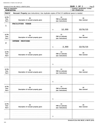 Part II Noncash Property (see instructions). Use duplicate copies of Part II if additional space is needed.
(a) No. (c)
(b) (d)
from FMV (or estimate)
Description of noncash property given Date received
Part I (see instructions)
(a) No. (c)
(b) (d)
from FMV (or estimate)
Description of noncash property given Date received
Part I (see instructions)
(a) No. (c)
(b) (d)
from FMV (or estimate)
Description of noncash property given Date received
Part I (see instructions)
(a) No. (c)
(b) (d)
from FMV (or estimate)
Description of noncash property given Date received
Part I (see instructions)
(a) No. (c)
(b) (d)
from FMV (or estimate)
Description of noncash property given Date received
Part I (see instructions)
(a) No. (c)
(b) (d)
from FMV (or estimate)
Description of noncash property given Date received
Part I (see instructions)
Schedule B (Form 990, 990-EZ, or 990-PF) (2015)
$ . . . . . . . . . . . . . . . . . . . . . . . . . . .
$ . . . . . . . . . . . . . . . . . . . . . . . . . . .
$ . . . . . . . . . . . . . . . . . . . . . . . . . . .
$ . . . . . . . . . . . . . . . . . . . . . . . . . . .
$ . . . . . . . . . . . . . . . . . . . . . . . . . . .
$ . . . . . . . . . . . . . . . . . . . . . . . . . . .
DAA
Name of organization Employer identification number
. . . . . . .
. . . . . . .
. . . . . . .
. . . . . . .
. . . . . . .
. . . . . . .
. . . . . . . . . . . . . . . . . . . . . . . . . . . . . . . . . . . . . . . . . . . . . . . . . . . . . . . . . . . . . . . . . . . . .
. . . . . . . . . . . . . . . . . . . . . . . . . . . . . . . . . . . . . . . . . . . . . . . . . . . . . . . . . . . . . . . . . . . . .
. . . . . . . . . . . . . . . . . . . . . . . . . . . . . . . . . . . . . . . . . . . . . . . . . . . . . . . . . . . . . . . . . . . . .
. . . . . . . . . . . . . . . . . . . . . . . . . . . . . . . . . . . . . . . . . . . . . . . . . . . . . . . . . . . . . . . . . . . . .
. . . . . . . . . . . . . . . . . . . . . . . . . . . . . . . . . . . . . . . . . . . . . . . . . . . . . . . . . . . . . . . . . . . . .
. . . . . . . . . . . . . . . . . . . . . . . . . . . . . . . . . . . . . . . . . . . . . . . . . . . . . . . . . . . . . . . . . . . . .
. . . . . . . . . . . . . . . . . . . . . . . . . . . . . . . . . . . . . . . . . . . . . . . . . . . . . . . . . . . . . . . . . . . . .
. . . . . . . . . . . . . . . . . . . . . . . . . . . . . . . . . . . . . . . . . . . . . . . . . . . . . . . . . . . . . . . . . . . . .
. . . . . . . . . . . . . . . . . . . . . . . . . . . . . . . . . . . . . . . . . . . . . . . . . . . . . . . . . . . . . . . . . . . . .
. . . . . . . . . . . . . . . . . . . . . . . . . . . . . . . . . . . . . . . . . . . . . . . . . . . . . . . . . . . . . . . . . . . . .
. . . . . . . . . . . . . . . . . . . . . . . . . . . . . . . . . . . . . . . . . . . . . . . . . . . . . . . . . . . . . . . . . . . . .
. . . . . . . . . . . . . . . . . . . . . . . . . . . . . . . . . . . . . . . . . . . . . . . . . . . . . . . . . . . . . . . . . . . . .
. . . . . . . . . . . . . . . . . . . . . . . . . . . . . . . . . . . . . . . . . . . . . . . . . . . . . . . . . . . . . . . . . . . . .
. . . . . . . . . . . . . . . . . . . . . . . . . . . . . . . . . . . . . . . . . . . . . . . . . . . . . . . . . . . . . . . . . . . . .
. . . . . . . . . . . . . . . . . . . . . . . . . . . . . . . . . . . . . . . . . . . . . . . . . . . . . . . . . . . . . . . . . . . . .
. . . . . . . . . . . . . . . . . . . . . . . . . . . . . . . . . . . . . . . . . . . . . . . . . . . . . . . . . . . . . . . . . . . . .
. . . . . . . . . . . . . . . . . . . . . . . . . . . . . . . . . . . . . . . . . . . . . . . . . . . . . . . . . . . . . . . . . . . . .
. . . . . . . . . . . . . . . . . . . . . . . . . . . . . . . . . . . . . . . . . . . . . . . . . . . . . . . . . . . . . . . . . . . . .
. . . . . . . . . . . . . . . . . . . . . . . . . . . . . . . . . . . . . . . . . . . . . . . . . . . . . . . . . . . . . . . . . . . . .
. . . . . . . . . . . . . . . . . . . . . . . . . . . . . . . . . . . . . . . . . . . . . . . . . . . . . . . . . . . . . . . . . . . . .
. . . . . . . . . . . . . . . . . . . . . . . . . . . . . . . . . . . . . . . . . . . . . . . . . . . . . . . . . . . . . . . . . . . . .
. . . . . . . . . . . . . . . . . . . . . . . . . . . . . . . . . . . . . . . . . . . . . . . . . . . . . . . . . . . . . . . . . . . . .
. . . . . . . . . . . . . . . . . . . . . . . . . . . . . . . . . . . . . . . . . . . . . . . . . . . . . . . . . . . . . . . . . . . . .
. . . . . . . . . . . . . . . . . . . . . . . . . . . . . . . . . . . . . . . . . . . . . . . . . . . . . . . . . . . . . . . . . . . . .
. . . . . . . . . . . . . . . . . .
. . . . . . . . . . . . . . . . . .
. . . . . . . . . . . . . . . . . .
. . . . . . . . . . . . . . . . . .
. . . . . . . . . . . . . . . . . .
. . . . . . . . . . . . . . . . . .
Schedule B (Form 990, 990-EZ, or 990-PF) (2015)
Page 3
NOWCASTSA
PAGE 1 OF 1
90-0585154
1
FACILITIES USAGE
12,000 12/31/15
2
INTERN PROVIDED
2,500 12/31/15
NOWCASTSA 11/15/2016 10:23 AM Pg 29
 