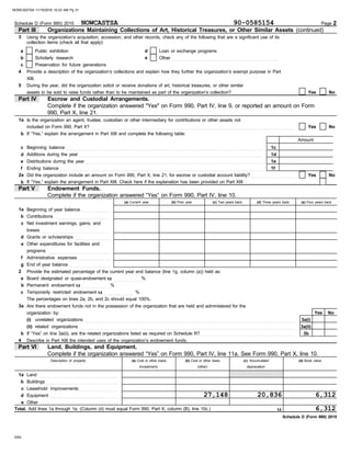 (a) Current year
Provide the estimated percentage of the current year end balance (line 1g, column (a)) held as:
Are there endowment funds not in the possession of the organization that are held and administered for the
Schedule D (Form 990) 2015
DAA
Schedule D (Form 990) 2015
Complete if the organization answered "Yes" on Form 990, Part IV, line 9, or reported an amount on Form
Amount
Organizations Maintaining Collections of Art, Historical Treasures, or Other Similar Assets (continued)
Part III
Page 2
Public exhibition
Using the organization’s acquisition, accession, and other records, check any of the following that are a significant use of its
3
a
collection items (check all that apply):
Scholarly research
Preservation for future generations
b
c
e Other . . . . . . . . . . . . . . . . . . . . . . . . . . . . . . . . . . . . . . . . . . . . . . . . . . . . . . .
d Loan or exchange programs
XIII.
4 Provide a description of the organization’s collections and explain how they further the organization’s exempt purpose in Part
During the year, did the organization solicit or receive donations of art, historical treasures, or other similar
5
assets to be sold to raise funds rather than to be maintained as part of the organization’s collection? . . . . . . . . . . . . . . . . . . . . . . . . . . . . . . . . . No
Yes
Part IV Escrow and Custodial Arrangements.
Yes No
included on Form 990, Part X? . . . . . . . . . . . . . . . . . . . . . . . . . . . . . . . . . . . . . . . . . . . . . . . . . . . . . . . . . . . . . . . . . . . . . . . . . . . . . . . . . . . . . . . . . . . . . . . . . . . . . . . . . .
1a Is the organization an agent, trustee, custodian or other intermediary for contributions or other assets not
b If “Yes,” explain the arrangement in Part XIII and complete the following table:
Beginning balance . . . . . . . . . . . . . . . . . . . . . . . . . . . . . . . . . . . . . . . . . . . . . . . . . . . . . . . . . . . . . . . . . . . . . . . . . . . . . . . . . . . . . . . . . . . . . . . . . . . . . .
c
d Additions during the year . . . . . . . . . . . . . . . . . . . . . . . . . . . . . . . . . . . . . . . . . . . . . . . . . . . . . . . . . . . . . . . . . . . . . . . . . . . . . . . . . . . . . . . . . . . . . . .
Distributions during the year . . . . . . . . . . . . . . . . . . . . . . . . . . . . . . . . . . . . . . . . . . . . . . . . . . . . . . . . . . . . . . . . . . . . . . . . . . . . . . . . . . . . . . . . . . . .
e
f Ending balance . . . . . . . . . . . . . . . . . . . . . . . . . . . . . . . . . . . . . . . . . . . . . . . . . . . . . . . . . . . . . . . . . . . . . . . . . . . . . . . . . . . . . . . . . . . . . . . . . . . . . . . . .
Did the organization include an amount on Form 990, Part X, line 21, for escrow or custodial account liability? . . . . . . . . . . . . . . . . . . . . . . .
2a
If “Yes,” explain the arrangement in Part XIII. Check here if the explanation has been provided on Part XIII . . . . . . . . . . . . . . . . . . . . . . . . . . . . . . . . . . . . .
b
No
Yes
Endowment Funds.
Part V
Contributions . . . . . . . . . . . . . . . . . . . . . . . . . . . .
b
Beginning of year balance . . . . . . . . . . . . . . .
1a
c Net investment earnings, gains, and
Grants or scholarships . . . . . . . . . . . . . . . . . .
d
e Other expenditures for facilities and
Administrative expenses . . . . . . . . . . . . . . . .
f
g End of year balance . . . . . . . . . . . . . . . . . . . . .
programs . . . . . . . . . . . . . . . . . . . . . . . . . . . . . . . .
(b) Prior year (c) Two years back (d) Three years back (e) Four years back
c Temporarily restricted endowment u . . . . . . . . . . . . . . .
Permanent endowment u . . . . . . . . . . . . . . .
b
2
a Board designated or quasi-endowment u . . . . . . . . . . . . . . .
%
%
%
3a
organization by:
(i)
(ii)
unrelated organizations . . . . . . . . . . . . . . . . . . . . . . . . . . . . . . . . . . . . . . . . . . . . . . . . . . . . . . . . . . . . . . . . . . . . . . . . . . . . . . . . . . . . . . . . . . . . . . . . . . . . . . . . . . . . .
related organizations . . . . . . . . . . . . . . . . . . . . . . . . . . . . . . . . . . . . . . . . . . . . . . . . . . . . . . . . . . . . . . . . . . . . . . . . . . . . . . . . . . . . . . . . . . . . . . . . . . . . . . . . . . . . . . . .
If “Yes” on line 3a(ii), are the related organizations listed as required on Schedule R? . . . . . . . . . . . . . . . . . . . . . . . . . . . . . . . . . . . . . . . . . . . . . . . . .
b
4 Describe in Part XIII the intended uses of the organization’s endowment funds.
Yes No
3a(i)
3a(ii)
3b
Part VI Land, Buildings, and Equipment.
1a
b
c
d
e
Land . . . . . . . . . . . . . . . . . . . . . . . . . . . . . . . . . . . . . . . . .
Buildings . . . . . . . . . . . . . . . . . . . . . . . . . . . . . . . . . . . . .
Leasehold improvements . . . . . . . . . . . . . . . . . . . .
Equipment . . . . . . . . . . . . . . . . . . . . . . . . . . . . . . . . . . .
Other . . . . . . . . . . . . . . . . . . . . . . . . . . . . . . . . . . . . . . . .
Total. Add lines 1a through 1e. (Column (d) must equal Form 990, Part X, column (B), line 10c.) . . . . . . . . . . . . . . . . . . . . . . . . . . . . . . . .
(d) Book value
(c) Accumulated
(b) Cost or other basis
(a) Cost or other basis
(investment) (other)
Description of property
1c
1d
1e
1f
u
losses . . . . . . . . . . . . . . . . . . . . . . . . . . . . . . . . . . . .
depreciation
The percentages on lines 2a, 2b, and 2c should equal 100%.
Complete if the organization answered “Yes” on Form 990, Part IV, line 11a. See Form 990, Part X, line 10.
Complete if the organization answered “Yes” on Form 990, Part IV, line 10.
990, Part X, line 21.
NOWCASTSA 90-0585154
27,148 20,836 6,312
6,312
NOWCASTSA 11/15/2016 10:23 AM Pg 31
 