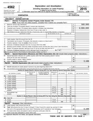 Form 4562 (2015)
(g) Depreciation deduction
(f) Method
(e) Convention
(a) Classification of property
(d) Recovery
(c) Basis for depreciation
(b) Month and year
during the tax year (see instructions) . . . . . . . . . . . . . . . . . . . . . . . . . . . . . . . . . . . . . . . . . . . . . . . . . . . . . . . . . . . . . . . . . . . . . . . . . . . . . . . . . . . . .
(Including Information on Listed Property)
Identifying number
u Attach to your tax return.
u Information about Form 4562 and its separate instructions is at www.irs.gov/form4562.
DAA
only–see instructions)
service period
placed in (business/investment use
Special depreciation allowance for qualified property (other than listed property) placed in service
(c) Elected cost
(b) Cost (business use only)
(a) Description of property
Dollar limitation for tax year. Subtract line 4 from line 1. If zero or less, enter -0-. If married filing separately, see instructions . . . . . . . . . . .
Business or activity to which this form relates
Name(s) shown on return
Sequence No.
Internal Revenue Service
Attachment
Department of the Treasury
OMB No. 1545-0172
portion of the basis attributable to section 263A costs . . . . . . . . . . . . . . . . . . . . . . . . . . . . . . . . . . . . . . .
For assets shown above and placed in service during the current year, enter the
here and on the appropriate lines of your return. Partnerships and S corporations—see instructions . . . . . . . . . . . . . . . . . . .
Listed property. Enter amount from line 28 . . . . . . . . . . . . . . . . . . . . . . . . . . . . . . . . . . . . . . . . . . . . . . . . . . . . . . . . . . . . . . . . . . . . . . . . . . . . . . .
40 yrs. MM
40-year S/L
12-year S/L
12 yrs.
S/L
Class life
S/L
MM
property
S/L
39 yrs.
Nonresidential real MM
S/L
27.5 yrs. MM
property
MM
27.5 yrs.
Residential rental S/L
25 yrs.
25-year property S/L
20-year property
15-year property
10-year property
7-year property
5-year property
3-year property
If you are electing to group any assets placed in service during the tax year into one or more general asset accounts, check here . . . . . . . . . . . .
MACRS deductions for assets placed in service in tax years beginning before 2015 . . . . . . . . . . . . . . . . . . . . . . . . . . . . . . . . . . . .
Other depreciation (including ACRS) . . . . . . . . . . . . . . . . . . . . . . . . . . . . . . . . . . . . . . . . . . . . . . . . . . . . . . . . . . . . . . . . . . . . . . . . . . . . . . . . . . . . .
Property subject to section 168(f)(1) election . . . . . . . . . . . . . . . . . . . . . . . . . . . . . . . . . . . . . . . . . . . . . . . . . . . . . . . . . . . . . . . . . . . . . . . . . . . .
Carryover of disallowed deduction to 2016. Add lines 9 and 10, less line 12 . . . . . . . . . . . . .
Section 179 expense deduction. Add lines 9 and 10, but do not enter more than line 11 . . . . . . . . . . . . . . . . . . . . . . . . . . . . . . . .
Business income limitation. Enter the smaller of business income (not less than zero) or line 5 (see instructions) . . . . .
Carryover of disallowed deduction from line 13 of your 2014 Form 4562 . . . . . . . . . . . . . . . . . . . . . . . . . . . . . . . . . . . . . . . . . . . . . . . .
Tentative deduction. Enter the smaller of line 5 or line 8 . . . . . . . . . . . . . . . . . . . . . . . . . . . . . . . . . . . . . . . . . . . . . . . . . . . . . . . . . . . . . . . .
Total elected cost of section 179 property. Add amounts in column (c), lines 6 and 7 . . . . . . . . . . . . . . . . . . . . . . . . . . . . . . . . . . .
Listed property. Enter the amount from line 29 . . . . . . . . . . . . . . . . . . . . . . . . . . . . . . . . . . . . . . . . . . . . . . .
Reduction in limitation. Subtract line 3 from line 2. If zero or less, enter -0- . . . . . . . . . . . . . . . . . . . . . . . . . . . . . . . . . . . . . . . . . . . . .
Threshold cost of section 179 property before reduction in limitation (see instructions) . . . . . . . . . . . . . . . . . . . . . . . . . . . . . . . . .
Total cost of section 179 property placed in service (see instructions) . . . . . . . . . . . . . . . . . . . . . . . . . . . . . . . . . . . . . . . . . . . . . . . . . . .
Maximum amount (see instructions) . . . . . . . . . . . . . . . . . . . . . . . . . . . . . . . . . . . . . . . . . . . . . . . . . . . . . . . . . . . . . . . . . . . . . . . . . . . . . . . . . . . . .
Form
For Paperwork Reduction Act Notice, see separate instructions.
23
23
22
Total. Add amounts from line 12, lines 14 through 17, lines 19 and 20 in column (g), and line 21. Enter
22
21
21
c
b
20a
Section C—Assets Placed in Service During 2015 Tax Year Using the Alternative Depreciation System
i
h
g
f
e
d
c
b
19a
18
17
17
Section A
16
16
15
15
14
14
Note: Do not use Part II or Part III below for listed property. Instead, use Part V.
13
13
12
12
11
11
10
10
9
9
8
8
7
7
6
5
5
4
4
3
3
2
2
1
1
Summary (See instructions.)
Part IV
MACRS Depreciation (Do not include listed property.) (See instructions.)
Part III
Special Depreciation Allowance and Other Depreciation (Do not include listed property.) (See instructions.)
Part II
Note: If you have any listed property, complete Part V before you complete Part I.
Election To Expense Certain Property Under Section 179
Part I
179
Depreciation and Amortization
2015
4562
Section B—Assets Placed in Service During 2015 Tax Year Using the General Depreciation System
(99)
u
NOWCASTSA 90-0585154
INDIRECT DEPRECIATION
500,000
2,000,000
3,189
0
3,189
THERE ARE NO AMOUNTS FOR PAGE 2
NOWCASTSA 11/15/2016 10:23 AM Pg 37
 