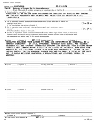 Form 990 (2015) Page 2
Part III Statement of Program Service Accomplishments
1 Briefly describe the organization's mission:
. . . . . . . . . . . . . . . . . . . . . . . . . . . . . . . . . . . . . . . . . . . . . . . . . . . . . . . . . . . . . . . . . . . . . . . . . . . . . . . . . . . . . . . . . . . . . . . . . . . . . . . . . . . . . . . . . . . . . . . . . . . . . . . . . . . . . . . . . . . . . . . . . . . . . . . . . . . . . . . .
. . . . . . . . . . . . . . . . . . . . . . . . . . . . . . . . . . . . . . . . . . . . . . . . . . . . . . . . . . . . . . . . . . . . . . . . . . . . . . . . . . . . . . . . . . . . . . . . . . . . . . . . . . . . . . . . . . . . . . . . . . . . . . . . . . . . . . . . . . . . . . . . . . . . . . . . . . . . . . . .
. . . . . . . . . . . . . . . . . . . . . . . . . . . . . . . . . . . . . . . . . . . . . . . . . . . . . . . . . . . . . . . . . . . . . . . . . . . . . . . . . . . . . . . . . . . . . . . . . . . . . . . . . . . . . . . . . . . . . . . . . . . . . . . . . . . . . . . . . . . . . . . . . . . . . . . . . . . . . . . .
Did the organization undertake any significant program services during the year which were not listed on the
2
prior Form 990 or 990-EZ? . . . . . . . . . . . . . . . . . . . . . . . . . . . . . . . . . . . . . . . . . . . . . . . . . . . . . . . . . . . . . . . . . . . . . . . . . . . . . . . . . . . . . . . . . . . . . . . . . . . . . . . . . . . . . .
If "Yes," describe these new services on Schedule O.
3
4
Did the organization cease conducting, or make significant changes in how it conducts, any program
services? . . . . . . . . . . . . . . . . . . . . . . . . . . . . . . . . . . . . . . . . . . . . . . . . . . . . . . . . . . . . . . . . . . . . . . . . . . . . . . . . . . . . . . . . . . . . . . . . . . . . . . . . . . . . . . . . . . . . . . . . . . . . . . . .
If "Yes," describe these changes on Schedule O.
Describe the organization's program service accomplishments for each of its three largest program services, as measured by
expenses. Section 501(c)(3) and 501(c)(4) organizations are required to report the amount of grants and allocations to others,
the total expenses, and revenue, if any, for each program service reported.
4a (Code: . . . . . . . . . ) (Expenses $ . . . . . . . . . . . . . . . . . . . . . . . . . . . including grants of $ . . . . . . . . . . . . . . . . . . . . . . . . . . ) (Revenue $ . . . . . . . . . . . . . . . . . . . . . . . . . . )
. . . . . . . . . . . . . . . . . . . . . . . . . . . . . . . . . . . . . . . . . . . . . . . . . . . . . . . . . . . . . . . . . . . . . . . . . . . . . . . . . . . . . . . . . . . . . . . . . . . . . . . . . . . . . . . . . . . . . . . . . . . . . . . . . . . . . . . . . . . . . . . . . . . . . . . . . . . . . . . .
. . . . . . . . . . . . . . . . . . . . . . . . . . . . . . . . . . . . . . . . . . . . . . . . . . . . . . . . . . . . . . . . . . . . . . . . . . . . . . . . . . . . . . . . . . . . . . . . . . . . . . . . . . . . . . . . . . . . . . . . . . . . . . . . . . . . . . . . . . . . . . . . . . . . . . . . . . . . . . . .
. . . . . . . . . . . . . . . . . . . . . . . . . . . . . . . . . . . . . . . . . . . . . . . . . . . . . . . . . . . . . . . . . . . . . . . . . . . . . . . . . . . . . . . . . . . . . . . . . . . . . . . . . . . . . . . . . . . . . . . . . . . . . . . . . . . . . . . . . . . . . . . . . . . . . . . . . . . . . . . .
. . . . . . . . . . . . . . . . . . . . . . . . . . . . . . . . . . . . . . . . . . . . . . . . . . . . . . . . . . . . . . . . . . . . . . . . . . . . . . . . . . . . . . . . . . . . . . . . . . . . . . . . . . . . . . . . . . . . . . . . . . . . . . . . . . . . . . . . . . . . . . . . . . . . . . . . . . . . . . . .
. . . . . . . . . . . . . . . . . . . . . . . . . . . . . . . . . . . . . . . . . . . . . . . . . . . . . . . . . . . . . . . . . . . . . . . . . . . . . . . . . . . . . . . . . . . . . . . . . . . . . . . . . . . . . . . . . . . . . . . . . . . . . . . . . . . . . . . . . . . . . . . . . . . . . . . . . . . . . . . .
. . . . . . . . . . . . . . . . . . . . . . . . . . . . . . . . . . . . . . . . . . . . . . . . . . . . . . . . . . . . . . . . . . . . . . . . . . . . . . . . . . . . . . . . . . . . . . . . . . . . . . . . . . . . . . . . . . . . . . . . . . . . . . . . . . . . . . . . . . . . . . . . . . . . . . . . . . . . . . . .
. . . . . . . . . . . . . . . . . . . . . . . . . . . . . . . . . . . . . . . . . . . . . . . . . . . . . . . . . . . . . . . . . . . . . . . . . . . . . . . . . . . . . . . . . . . . . . . . . . . . . . . . . . . . . . . . . . . . . . . . . . . . . . . . . . . . . . . . . . . . . . . . . . . . . . . . . . . . . . . .
. . . . . . . . . . . . . . . . . . . . . . . . . . . . . . . . . . . . . . . . . . . . . . . . . . . . . . . . . . . . . . . . . . . . . . . . . . . . . . . . . . . . . . . . . . . . . . . . . . . . . . . . . . . . . . . . . . . . . . . . . . . . . . . . . . . . . . . . . . . . . . . . . . . . . . . . . . . . . . . .
. . . . . . . . . . . . . . . . . . . . . . . . . . . . . . . . . . . . . . . . . . . . . . . . . . . . . . . . . . . . . . . . . . . . . . . . . . . . . . . . . . . . . . . . . . . . . . . . . . . . . . . . . . . . . . . . . . . . . . . . . . . . . . . . . . . . . . . . . . . . . . . . . . . . . . . . . . . . . . . .
. . . . . . . . . . . . . . . . . . . . . . . . . . . . . . . . . . . . . . . . . . . . . . . . . . . . . . . . . . . . . . . . . . . . . . . . . . . . . . . . . . . . . . . . . . . . . . . . . . . . . . . . . . . . . . . . . . . . . . . . . . . . . . . . . . . . . . . . . . . . . . . . . . . . . . . . . . . . . . . .
. . . . . . . . . . . . . . . . . . . . . . . . . . . . . . . . . . . . . . . . . . . . . . . . . . . . . . . . . . . . . . . . . . . . . . . . . . . . . . . . . . . . . . . . . . . . . . . . . . . . . . . . . . . . . . . . . . . . . . . . . . . . . . . . . . . . . . . . . . . . . . . . . . . . . . . . . . . . . . . .
)
$ . . . . . . . . . . . . . . . . . . . . . . . . . .
(Revenue
)
$ . . . . . . . . . . . . . . . . . . . . . . . . . .
including grants of
$ . . . . . . . . . . . . . . . . . . . . . . . . . . .
) (Expenses
(Code: . . . . . . . . .
4b
. . . . . . . . . . . . . . . . . . . . . . . . . . . . . . . . . . . . . . . . . . . . . . . . . . . . . . . . . . . . . . . . . . . . . . . . . . . . . . . . . . . . . . . . . . . . . . . . . . . . . . . . . . . . . . . . . . . . . . . . . . . . . . . . . . . . . . . . . . . . . . . . . . . . . . . . . . . . . . . .
. . . . . . . . . . . . . . . . . . . . . . . . . . . . . . . . . . . . . . . . . . . . . . . . . . . . . . . . . . . . . . . . . . . . . . . . . . . . . . . . . . . . . . . . . . . . . . . . . . . . . . . . . . . . . . . . . . . . . . . . . . . . . . . . . . . . . . . . . . . . . . . . . . . . . . . . . . . . . . . .
. . . . . . . . . . . . . . . . . . . . . . . . . . . . . . . . . . . . . . . . . . . . . . . . . . . . . . . . . . . . . . . . . . . . . . . . . . . . . . . . . . . . . . . . . . . . . . . . . . . . . . . . . . . . . . . . . . . . . . . . . . . . . . . . . . . . . . . . . . . . . . . . . . . . . . . . . . . . . . . .
. . . . . . . . . . . . . . . . . . . . . . . . . . . . . . . . . . . . . . . . . . . . . . . . . . . . . . . . . . . . . . . . . . . . . . . . . . . . . . . . . . . . . . . . . . . . . . . . . . . . . . . . . . . . . . . . . . . . . . . . . . . . . . . . . . . . . . . . . . . . . . . . . . . . . . . . . . . . . . . .
. . . . . . . . . . . . . . . . . . . . . . . . . . . . . . . . . . . . . . . . . . . . . . . . . . . . . . . . . . . . . . . . . . . . . . . . . . . . . . . . . . . . . . . . . . . . . . . . . . . . . . . . . . . . . . . . . . . . . . . . . . . . . . . . . . . . . . . . . . . . . . . . . . . . . . . . . . . . . . . .
. . . . . . . . . . . . . . . . . . . . . . . . . . . . . . . . . . . . . . . . . . . . . . . . . . . . . . . . . . . . . . . . . . . . . . . . . . . . . . . . . . . . . . . . . . . . . . . . . . . . . . . . . . . . . . . . . . . . . . . . . . . . . . . . . . . . . . . . . . . . . . . . . . . . . . . . . . . . . . . .
. . . . . . . . . . . . . . . . . . . . . . . . . . . . . . . . . . . . . . . . . . . . . . . . . . . . . . . . . . . . . . . . . . . . . . . . . . . . . . . . . . . . . . . . . . . . . . . . . . . . . . . . . . . . . . . . . . . . . . . . . . . . . . . . . . . . . . . . . . . . . . . . . . . . . . . . . . . . . . . .
. . . . . . . . . . . . . . . . . . . . . . . . . . . . . . . . . . . . . . . . . . . . . . . . . . . . . . . . . . . . . . . . . . . . . . . . . . . . . . . . . . . . . . . . . . . . . . . . . . . . . . . . . . . . . . . . . . . . . . . . . . . . . . . . . . . . . . . . . . . . . . . . . . . . . . . . . . . . . . . .
. . . . . . . . . . . . . . . . . . . . . . . . . . . . . . . . . . . . . . . . . . . . . . . . . . . . . . . . . . . . . . . . . . . . . . . . . . . . . . . . . . . . . . . . . . . . . . . . . . . . . . . . . . . . . . . . . . . . . . . . . . . . . . . . . . . . . . . . . . . . . . . . . . . . . . . . . . . . . . . .
. . . . . . . . . . . . . . . . . . . . . . . . . . . . . . . . . . . . . . . . . . . . . . . . . . . . . . . . . . . . . . . . . . . . . . . . . . . . . . . . . . . . . . . . . . . . . . . . . . . . . . . . . . . . . . . . . . . . . . . . . . . . . . . . . . . . . . . . . . . . . . . . . . . . . . . . . . . . . . . .
. . . . . . . . . . . . . . . . . . . . . . . . . . . . . . . . . . . . . . . . . . . . . . . . . . . . . . . . . . . . . . . . . . . . . . . . . . . . . . . . . . . . . . . . . . . . . . . . . . . . . . . . . . . . . . . . . . . . . . . . . . . . . . . . . . . . . . . . . . . . . . . . . . . . . . . . . . . . . . . .
. . . . . . . . . . . . . . . . . . . . . . . . . . . . . . . . . . . . . . . . . . . . . . . . . . . . . . . . . . . . . . . . . . . . . . . . . . . . . . . . . . . . . . . . . . . . . . . . . . . . . . . . . . . . . . . . . . . . . . . . . . . . . . . . . . . . . . . . . . . . . . . . . . . . . . . . . . . . . . . .
. . . . . . . . . . . . . . . . . . . . . . . . . . . . . . . . . . . . . . . . . . . . . . . . . . . . . . . . . . . . . . . . . . . . . . . . . . . . . . . . . . . . . . . . . . . . . . . . . . . . . . . . . . . . . . . . . . . . . . . . . . . . . . . . . . . . . . . . . . . . . . . . . . . . . . . . . . . . . . . .
. . . . . . . . . . . . . . . . . . . . . . . . . . . . . . . . . . . . . . . . . . . . . . . . . . . . . . . . . . . . . . . . . . . . . . . . . . . . . . . . . . . . . . . . . . . . . . . . . . . . . . . . . . . . . . . . . . . . . . . . . . . . . . . . . . . . . . . . . . . . . . . . . . . . . . . . . . . . . . . .
. . . . . . . . . . . . . . . . . . . . . . . . . . . . . . . . . . . . . . . . . . . . . . . . . . . . . . . . . . . . . . . . . . . . . . . . . . . . . . . . . . . . . . . . . . . . . . . . . . . . . . . . . . . . . . . . . . . . . . . . . . . . . . . . . . . . . . . . . . . . . . . . . . . . . . . . . . . . . . . .
. . . . . . . . . . . . . . . . . . . . . . . . . . . . . . . . . . . . . . . . . . . . . . . . . . . . . . . . . . . . . . . . . . . . . . . . . . . . . . . . . . . . . . . . . . . . . . . . . . . . . . . . . . . . . . . . . . . . . . . . . . . . . . . . . . . . . . . . . . . . . . . . . . . . . . . . . . . . . . . .
. . . . . . . . . . . . . . . . . . . . . . . . . . . . . . . . . . . . . . . . . . . . . . . . . . . . . . . . . . . . . . . . . . . . . . . . . . . . . . . . . . . . . . . . . . . . . . . . . . . . . . . . . . . . . . . . . . . . . . . . . . . . . . . . . . . . . . . . . . . . . . . . . . . . . . . . . . . . . . . .
. . . . . . . . . . . . . . . . . . . . . . . . . . . . . . . . . . . . . . . . . . . . . . . . . . . . . . . . . . . . . . . . . . . . . . . . . . . . . . . . . . . . . . . . . . . . . . . . . . . . . . . . . . . . . . . . . . . . . . . . . . . . . . . . . . . . . . . . . . . . . . . . . . . . . . . . . . . . . . . .
. . . . . . . . . . . . . . . . . . . . . . . . . . . . . . . . . . . . . . . . . . . . . . . . . . . . . . . . . . . . . . . . . . . . . . . . . . . . . . . . . . . . . . . . . . . . . . . . . . . . . . . . . . . . . . . . . . . . . . . . . . . . . . . . . . . . . . . . . . . . . . . . . . . . . . . . . . . . . . . .
. . . . . . . . . . . . . . . . . . . . . . . . . . . . . . . . . . . . . . . . . . . . . . . . . . . . . . . . . . . . . . . . . . . . . . . . . . . . . . . . . . . . . . . . . . . . . . . . . . . . . . . . . . . . . . . . . . . . . . . . . . . . . . . . . . . . . . . . . . . . . . . . . . . . . . . . . . . . . . . .
4c (Code: . . . . . . . . .
. . . . . . . . . . . . . . . . . . . . . . . . . . . . . . . . . . . . . . . . . . . . . . . . . . . . . . . . . . . . . . . . . . . . . . . . . . . . . . . . . . . . . . . . . . . . . . . . . . . . . . . . . . . . . . . . . . . . . . . . . . . . . . . . . . . . . . . . . . . . . . . . . . . . . . . . . . . . . . . .
$ . . . . . . . . . . . . . . . . . . . . . . . . . . . including grants of $ . . . . . . . . . . . . . . . . . . . . . . . . . . )
) (Expenses $ . . . . . . . . . . . . . . . . . . . . . . . . . . )
(Revenue
.
4d Other program services (Describe in Schedule O.)
(Revenue )
$
(Expenses )
$
including grants of
$
4e Total program service expenses u
Form 990 (2015)
DAA
No
Yes
Yes No
Check if Schedule O contains a response or note to any line in this Part III . . . . . . . . . . . . . . . . . . . . . . . . . . . . . . . . . . . . . . . . . . . . . .
. . . . . . . . . . . . . . . . . . . . . . . . . . . . . . . . . . . . . . . . . . . . . . . . . . . . . . . . . . . . . . . . . . . . . . . . . . . . . . . . . . . . . . . . . . . . . . . . . . . . . . . . . . . . . . . . . . . . . . . . . . . . . . . . . . . . . . . . . . . . . . . . . . . . . . . . . . . . . . . .
.
NOWCASTSA 90-0585154
NOWCASTSA IS AN ONLINE NEWS ORGANIZATION OPERATED TO EDUCATE AND INFORM
SAN ANTONIO RESIDENTS AND PROMOTE AND FACILITATE AN INCLUSIVE CIVIC
CONVERSATION.
X
X
187,092
NOWCASTSA BELIEVES THAT ACCESS TO DATA AND INFORMATION IS ESSENTIAL TO A
HEALTHY DEMOCRACY. IN 2015, NOWCASTSA MENTORED HIGH SCHOLL AND COLLEGE
STUDENTS VIA ITS GROWING INTERNSHIP PROGRAM AND PROVIDED FREE DIGITAL MEDIA
LITERACY AND COMMUNICATION EDUCATION TO DOZENS OF STUDENTS. NOWCASTSA.COM
REACHED 89,346 DIFFERENT PEOPLE WITH NEWS AND INFORMATION. PEOPLE IN THE
UNITED STATES, UNITED KINGDOM, CANADA AND MEXICO SPENT A TOTAL OF 288 DAYS
AND 15 HOURS WATCHING NOWCASTSA'S EDUCATIONAL AND CULTURAL VIDEOS ON
YOUTUBE.
187,092
NOWCASTSA 11/15/2016 10:23 AM Pg 7
 