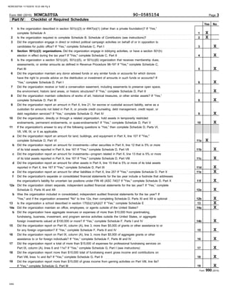 1
Checklist of Required Schedules
Part IV
Page 3
Form 990 (2015)
2
3
4
5
6
7
Is the organization described in section 501(c)(3) or 4947(a)(1) (other than a private foundation)? If “Yes,”
complete Schedule A . . . . . . . . . . . . . . . . . . . . . . . . . . . . . . . . . . . . . . . . . . . . . . . . . . . . . . . . . . . . . . . . . . . . . . . . . . . . . . . . . . . . . . . . . . . . . . . . . . . . . . . . . . . . . . . . . . . .
Is the organization required to complete Schedule B, Schedule of Contributors (see instructions)? . . . . . . . . . . . . . . . . . . . . . . . . . . . . . . . . . . . .
Did the organization engage in direct or indirect political campaign activities on behalf of or in opposition to
candidates for public office? If “Yes,” complete Schedule C, Part I . . . . . . . . . . . . . . . . . . . . . . . . . . . . . . . . . . . . . . . . . . . . . . . . . . . . . . . . . . . . . . . . . . . . .
Section 501(c)(3) organizations. Did the organization engage in lobbying activities, or have a section 501(h)
election in effect during the tax year? If "Yes," complete Schedule C, Part II . . . . . . . . . . . . . . . . . . . . . . . . . . . . . . . . . . . . . . . . . . . . . . . . . . . . . . . . . . .
Is the organization a section 501(c)(4), 501(c)(5), or 501(c)(6) organization that receives membership dues,
assessments, or similar amounts as defined in Revenue Procedure 98-19? If "Yes," complete Schedule C,
Did the organization maintain any donor advised funds or any similar funds or accounts for which donors
have the right to provide advice on the distribution or investment of amounts in such funds or accounts? If
“Yes,” complete Schedule D, Part I . . . . . . . . . . . . . . . . . . . . . . . . . . . . . . . . . . . . . . . . . . . . . . . . . . . . . . . . . . . . . . . . . . . . . . . . . . . . . . . . . . . . . . . . . . . . . . . . . . . . . .
Did the organization receive or hold a conservation easement, including easements to preserve open space,
the environment, historic land areas, or historic structures? If “Yes,” complete Schedule D, Part II . . . . . . . . . . . . . . . . . . . . . . . . . . . . . . . . . . . .
8
9
10
11
12a
13
14a
b
15
16
Did the organization maintain collections of works of art, historical treasures, or other similar assets? If “Yes,”
complete Schedule D, Part III . . . . . . . . . . . . . . . . . . . . . . . . . . . . . . . . . . . . . . . . . . . . . . . . . . . . . . . . . . . . . . . . . . . . . . . . . . . . . . . . . . . . . . . . . . . . . . . . . . . . . . . . . . .
Did the organization report an amount in Part X, line 21, for escrow or custodial account liability, serve as a
custodian for amounts not listed in Part X; or provide credit counseling, debt management, credit repair, or
debt negotiation services? If “Yes,” complete Schedule D, Part IV . . . . . . . . . . . . . . . . . . . . . . . . . . . . . . . . . . . . . . . . . . . . . . . . . . . . . . . . . . . . . . . . . . . . . .
Did the organization, directly or through a related organization, hold assets in temporarily restricted
If the organization's answer to any of the following questions is “Yes,” then complete Schedule D, Parts VI,
VII, VIII, IX, or X as applicable.
Did the organization obtain separate, independent audited financial statements for the tax year? If “Yes,” complete
Schedule D, Parts XI and XII . . . . . . . . . . . . . . . . . . . . . . . . . . . . . . . . . . . . . . . . . . . . . . . . . . . . . . . . . . . . . . . . . . . . . . . . . . . . . . . . . . . . . . . . . . . . . . . . . . . . . . . . . . . .
Is the organization a school described in section 170(b)(1)(A)(ii)? If “Yes,” complete Schedule E . . . . . . . . . . . . . . . . . . . . . . . . . . . . . . . . . . . . . .
Did the organization maintain an office, employees, or agents outside of the United States? . . . . . . . . . . . . . . . . . . . . . . . . . . . . . . . . . . . . . . . . . .
Did the organization have aggregate revenues or expenses of more than $10,000 from grantmaking,
fundraising, business, investment, and program service activities outside the United States, or aggregate
Did the organization report on Part IX, column (A), line 3, more than $5,000 of grants or other assistance to or
for any foreign organization? If “Yes,” complete Schedule F, Parts II and IV . . . . . . . . . . . . . . . . . . . . . . . . . . . . . . . . . . . . . . . . . . . . . . . . . . . . . . . . . . .
Did the organization report on Part IX, column (A), line 3, more than $5,000 of aggregate grants or other
assistance to or for foreign individuals? If “Yes,” complete Schedule F, Parts III and IV . . . . . . . . . . . . . . . . . . . . . . . . . . . . . . . . . . . . . . . . . . . . . . . .
17
18
19
Did the organization report a total of more than $15,000 of expenses for professional fundraising services on
Did the organization report more than $15,000 total of fundraising event gross income and contributions on
Did the organization report more than $15,000 of gross income from gaming activities on Part VIII, line 9a?
Yes No
19
18
17
16
15
14b
14a
13
10
9
8
7
6
5
4
3
2
1
DAA
Form 990 (2015)
endowments, permanent endowments, or quasi-endowments? If “Yes,” complete Schedule D, Part V . . . . . . . . . . . . . . . . . . . . . . . . . . . . . . . .
Did the organization report an amount for land, buildings, and equipment in Part X, line 10? If "Yes,"
complete Schedule D, Part VI . . . . . . . . . . . . . . . . . . . . . . . . . . . . . . . . . . . . . . . . . . . . . . . . . . . . . . . . . . . . . . . . . . . . . . . . . . . . . . . . . . . . . . . . . . . . . . . . . . . . . . . . . . .
of its total assets reported in Part X, line 16? If "Yes," complete Schedule D, Part VII . . . . . . . . . . . . . . . . . . . . . . . . . . . . . . . . . . . . . . . . . . . . . . . . .
Did the organization report an amount for investments—other securities in Part X, line 12 that is 5% or more
Did the organization report an amount for investments—program related in Part X, line 13 that is 5% or more
of its total assets reported in Part X, line 16? If "Yes," complete Schedule D, Part VIII . . . . . . . . . . . . . . . . . . . . . . . . . . . . . . . . . . . . . . . . . . . . . . . . .
reported in Part X, line 16? If "Yes," complete Schedule D, Part IX . . . . . . . . . . . . . . . . . . . . . . . . . . . . . . . . . . . . . . . . . . . . . . . . . . . . . . . . . . . . . . . . . . . . .
Did the organization report an amount for other assets in Part X, line 15 that is 5% or more of its total assets
Did the organization report an amount for other liabilities in Part X, line 25? If "Yes," complete Schedule D, Part X . . . . . . . . . . . . . . . . . . .
Did the organization's separate or consolidated financial statements for the tax year include a footnote that addresses
the organization's liability for uncertain tax positions under FIN 48 (ASC 740)? If "Yes," complete Schedule D, Part X . . . . . . . . . . . . . . . .
"Yes," and if the organization answered "No" to line 12a, then completing Schedule D, Parts XI and XII is optional . . . . . . . . . . . . . . . . . . .
Was the organization included in consolidated, independent audited financial statements for the tax year? If
Part IX, column (A), lines 6 and 11e? If “Yes,” complete Schedule G, Part I (see instructions) . . . . . . . . . . . . . . . . . . . . . . . . . . . . . . . . . . . . . . . . .
Part VIII, lines 1c and 8a? If "Yes," complete Schedule G, Part II . . . . . . . . . . . . . . . . . . . . . . . . . . . . . . . . . . . . . . . . . . . . . . . . . . . . . . . . . . . . . . . . . . . . . .
If "Yes," complete Schedule G, Part III . . . . . . . . . . . . . . . . . . . . . . . . . . . . . . . . . . . . . . . . . . . . . . . . . . . . . . . . . . . . . . . . . . . . . . . . . . . . . . . . . . . . . . . . . . . . . . . . . .
Part III . . . . . . . . . . . . . . . . . . . . . . . . . . . . . . . . . . . . . . . . . . . . . . . . . . . . . . . . . . . . . . . . . . . . . . . . . . . . . . . . . . . . . . . . . . . . . . . . . . . . . . . . . . . . . . . . . . . . . . . . . . . . . . . . . . .
a
b
c
d
e
f
11a
11b
11c
11d
11e
11f
b
12a
12b
foreign investments valued at $100,000 or more? If “Yes,” complete Schedule F, Parts I and IV . . . . . . . . . . . . . . . . . . . . . . . . . . . . . . . . . . . . . .
NOWCASTSA 90-0585154
X
X
X
X
X
X
X
X
X
X
X
X
X
X
X
X
X
X
X
X
X
X
X
X
X
X
NOWCASTSA 11/15/2016 10:23 AM Pg 8
 