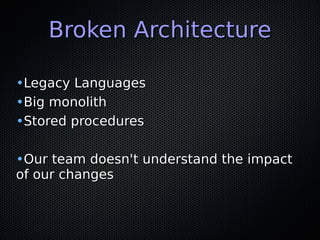 Broken ArchitectureBroken Architecture
•Legacy LanguagesLegacy Languages
•Big monolithBig monolith
•Stored proceduresStored procedures
•Our team doesn't understand the impactOur team doesn't understand the impact
of our changesof our changes
 