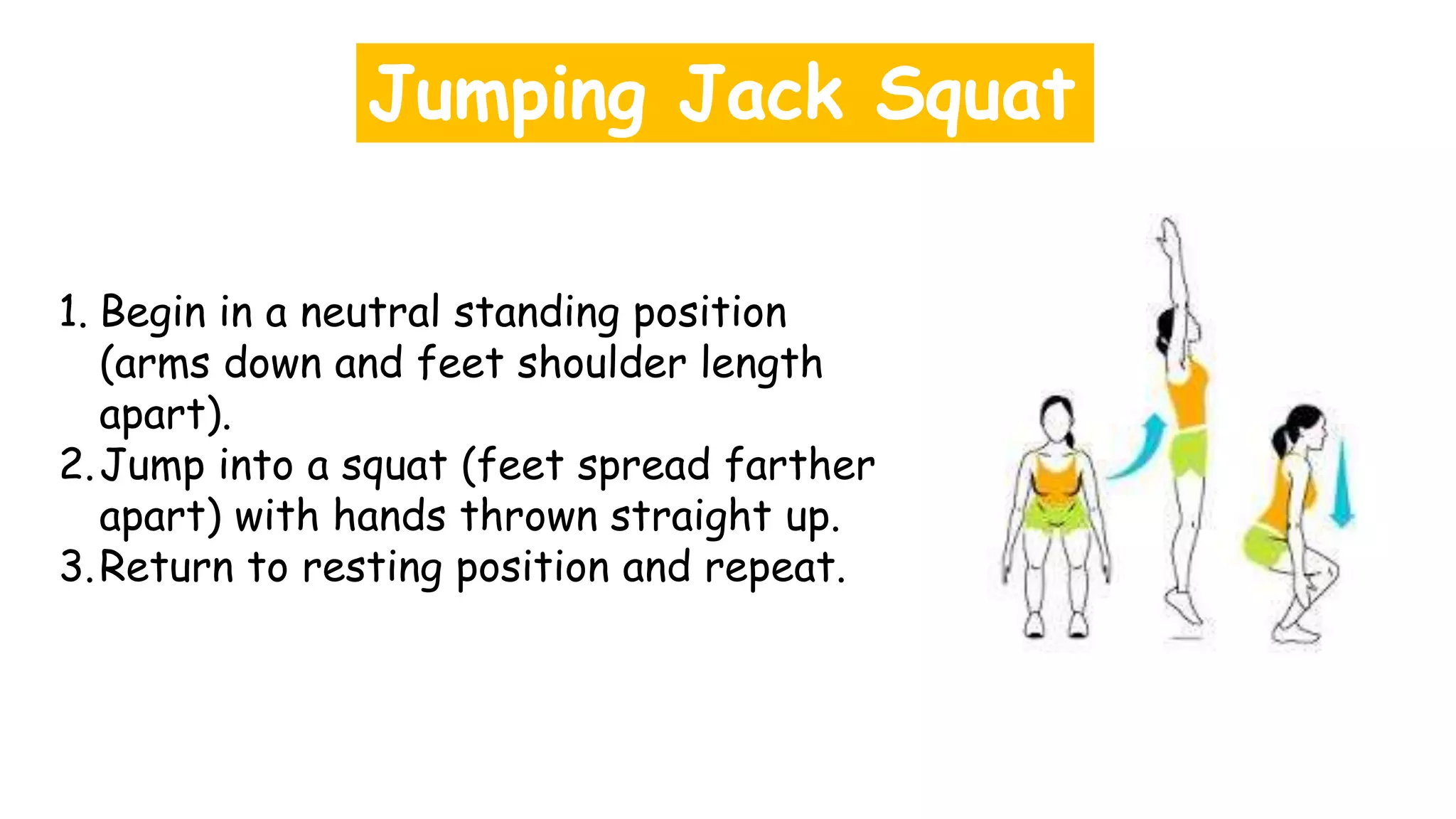 Jumping Jack Squat
1. Begin in a neutral standing position
(arms down and feet shoulder length
apart).
2.Jump into a squat (feet spread farther
apart) with hands thrown straight up.
3.Return to resting position and repeat.
 