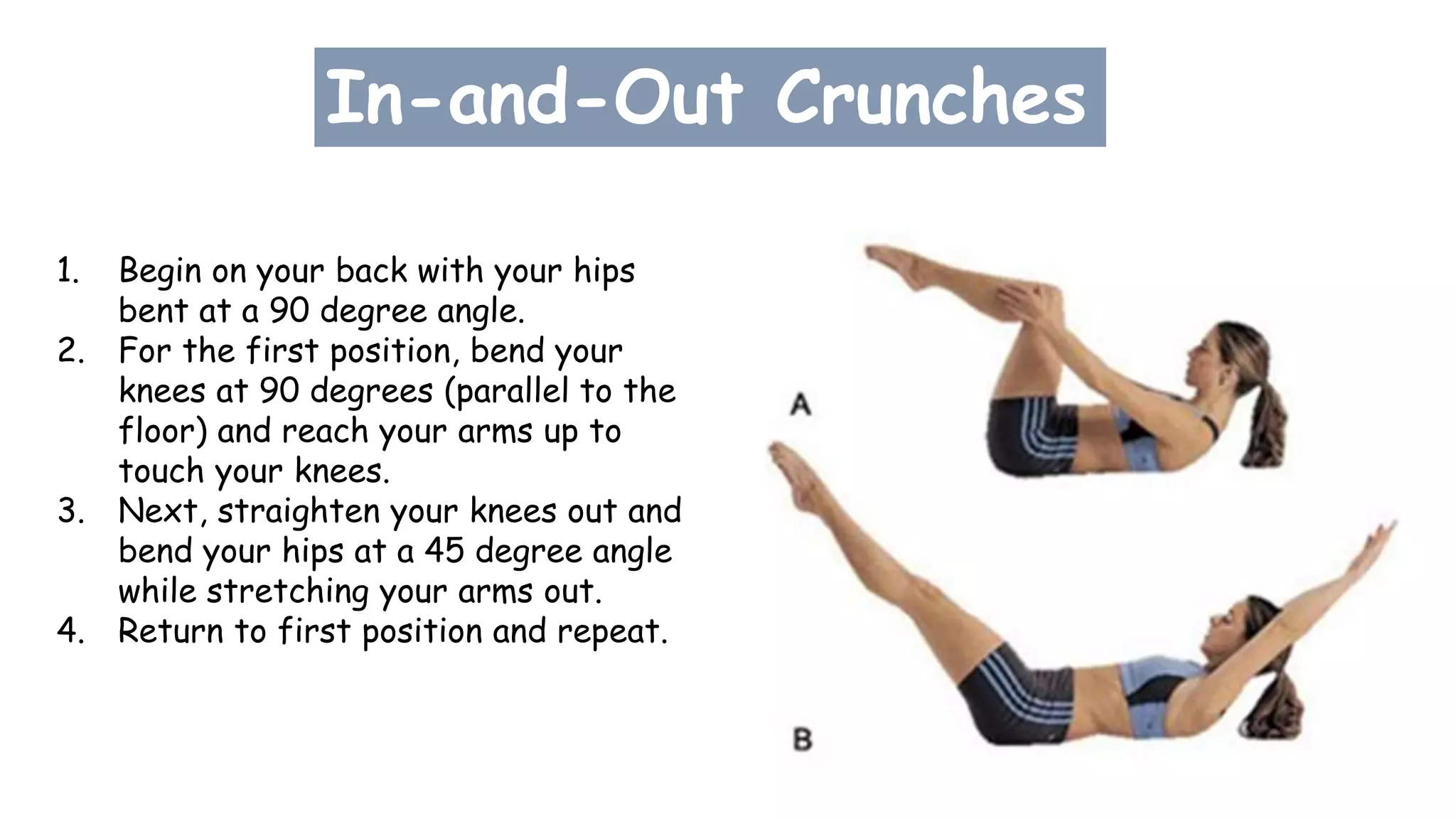 In-and-Out Crunches
1. Begin on your back with your hips
bent at a 90 degree angle.
2. For the first position, bend your
knees at 90 degrees (parallel to the
floor) and reach your arms up to
touch your knees.
3. Next, straighten your knees out and
bend your hips at a 45 degree angle
while stretching your arms out.
4. Return to first position and repeat.
 