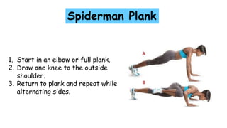 Spiderman Plank
1. Start in an elbow or full plank.
2. Draw one knee to the outside
shoulder.
3. Return to plank and repeat while
alternating sides.
 