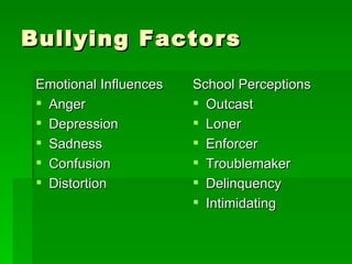 Bullying Factors Emotional Influences Anger Depression Sadness Confusion Distortion School Perceptions Outcast Loner Enforcer Troublemaker Delinquency  Intimidating 