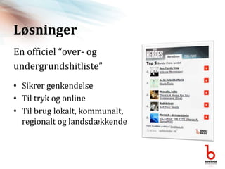 LøsningerEn officiel “over- ogundergrundshitliste”SikrergenkendelseTiltrykog onlineTilbruglokalt, kommunalt,regionaltoglandsdækkende