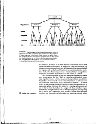 (or other equipntent)




                                                                                   ]   Systems   I




           4.1 P~rtitioning aircraft for preliminary identitication of
                            an
significant iteins. The equipment is fin' partitioned to show all items
in descending order of comp:exity. rhose items wbose failure clcariy
tias nn sig~tific~nt con^-quencrs a! the equipment level are then p m ~ e d
from theqree, leavdg t!ie set oi ikms on which maintenance studies
mu . 5r cdhducted. E2ch significant itt?, will include as failure
r n ~ ~ rall ~ fai:ure possibilities it contains.
         i e the

                                    Tire obiectiv?, however, is to ftnd the tnos: convenient level of each
                                    s;rstem or assembly to classify as significant. The level must be !ow
                                    enougn to znsure that no important fai!ure possibilities are overlooked,
                                    but high encjugh fdr the loss ol function to have an impact on the equip-
                                    ment itself, since ihc consequences cf a functional failure are significant
                                    only at the equipment level- that is, fzr the aircraft as a whole.
                                          Once the optinlum level of item has been selected for study in each
                                    x s e , we can prune the "trel?" back to a set of several I~undred   poten-
                                    tially significart items with the assurance that any failure possibilities
                                    they include at lower levels will be taken into account as failure modes.
                                    11s a n example, consider the engirie described in Section 3.1, in which
                                    fai1u:e oi one or r;lore individual tie bolts in a set of 24 was defined as
                                    a potcntial failure. Although this might be viewed as a functional fail-
                                    ure of the tie bolt, thd failure of a single bolt does not affect engine
                                    performance enough to be evident to the operating crew; consequently
                                    the tie bolt is not a significant item. It does, htjwever, have a hidden
82   THkORY AND PRlNClPLfS          function, and if enough tie bolts failed, the resulting multiple failure
 
