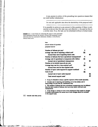 A yes answer to either of the preceding two q u e s t i o ~ means that
                                                                                                  ~s
                                  we need further information:

                                       Do real and applicable data show the desirability of the proposed task?


                                  It is possible to arrive at a yes answer to this question if there is sub-
                                  stantial evidence that this task was cost-effective ill the past for this or
                                  a similar item. If so, the task can be scheduled without a formal study.
U(HIB~   4.7 A pro forma for analyzing the suppurt costs associated
with scheduled removals for rework. At least four proposed rcwork
intervals must be examined to determine whether a cost-effective
interval does exist.


                                     item
                                     a ~ u volume of operation
                                            d
                                     proposed interval

                                     Number of failures per year'
                                     Average Saoe cost of =pairing a Wed unte
                                         Annual buc cost of repdrhg failed udQ
                                     Number of fail-    that have opentiolul conequencd
                                     A w e cart of operatid consequmcea after failure
                                         Annual coet of operational eonwquenm
                                     Number of d,eduled mnoval~ yeu  per
                                     Averqp base coat for a time-expired unit'
                                         Annual base cost for time-expired units
                                     Number of apm udts required to mpport w d m d
                                     Cmt of unit
                                         Annual coat of *pare units required
                                          TOW.vnnd support C O B ~ '
                                     1 it nuy be deshble to study r specific cxpendve failwe made ~ p m t d y .
                                     2 Includes cod of removhg and Ind.ULy unit at line atation ud of
                                     transporting it to and from the maintenance base
                                     3 The numba of fduma that h v e opemtiod consaquenca m y be dithrrnt
                                     trom the lotrl numba of f d u m , mince not mrg fillurn *rill have ma&
                                     ' nv '
                                      = ' "
                                     4 If the change in volume of work at the rmlnhmce brw d t a In -c
                                     in fadllty reqtlirmwnb, the m u d cost of such ehuyr b u l d be incltdd
                                     in the support corb.
102   THEORY   AND PRINCIPLES
 