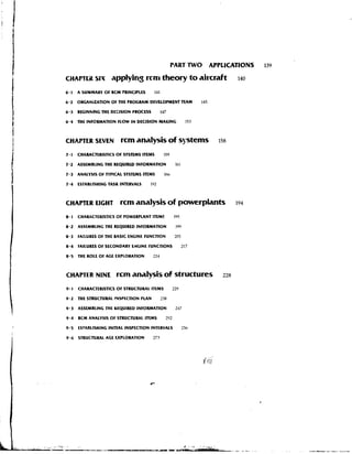 PART TWO APPLlCATlONS                139

CHA~ERslr              apptyin~
                              rcm theory to aircraft                                  140

6.1    A SUMMARY OF RCM PRINCIPLES         111

6.2    O R G A N l U l l O N OF THE PROGRAM-DEVELOPMENT T            W   145

6 - 3 BEGlNhlNG THE DECISION PROCESS            147

6 - 4 THE INFORMATION FLOW I N DECISION MAKING                   153



CHAPTER SEVEN              acm analysis of systems                             158

7- 1   CHARACTERISTICS OF SYSTEMS ITEMS          159

7.2    ASSEMBLING THE REQUIRED INFORMATION              161

7.3    ANALYSIS OF TYPICAL SYSTEMS ITEMS         lhb

7.4    ESTABLISHING TASK INTERVALS       192



CHAPTER EIGHT              rcm analysis of powerplants                                194

8.1    CHARACTERISTICS OF POWERPIANT ITEM5              195

8.2    ASSEMBLING THE REQUIRED INFORMATION              19')

8.3    FAILURES OF THE BASIC ENGINE FUNCTION            205

8.4    FAILURES OF SECONDARY ENGINE TUNCTIONS                  217

8.5    M E ROLE OF AGE EXPLORATION        224



CHAPTER NINE             rcm analysis o structures
                                       f                                        228

9.1    CHARACTERISTICS OF STRUCTURAL ITEMS             229

9.2    THE STRUCTURAL lHSPECTlON P U N          238

9 - 3 ASSEMBLING THE kEQUlRED INFORMATION               247

9.4    RCM ANALYSIS OF STRUCTURAL ITEMS           252

9 5    ESTABLISHING INITIAL INSPECTION INTERVALS               250

9 - 6 STRUCTURAL AGE EXPLORATION          273
 