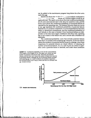 can be added to the maintenance program long before the other units
                                    reach this age.
                                                        . -                   n6 --
                                            Exhibit 5.6 shows the *-@*llt~ 4,;uclrlal analysis conducted to
                                    A - L - ---- *
                                                      ....c..lS1 corn. - :ework of a turbine engine would be an
                                    applicable task. The upper curve shows the total conditional probability
                                    for all units removed and sent to the shop for corrective work, and the
                                    lower curve shows the conditional probability of functional failures as
                                    reported by the operating crew. The distance between these two curves
                                    at any age represents the conditional probability of potential failures
                                    detected by on-condition inspections. It is functional failures that have
                                    safety or operational consequences, and the conditional probability of
                                    such failures in this case is constant. S!nce functional failures are inde-
                                    pendent of the time since engine installation (last shop visit), operating
                                    age is not a factor in the failure rste, and a rework task is therefore not
                                    applicable.
                                            The conditional-probability curve that includes potential failures
                                    does show i-n increase with increasing age. However, we do not want to
                                    reduce the incidence of potential failures except by redesign, since these
                                    inspections for potential failures are clearly effective in reducing the
                                    nurr,ber of functional failures. As it is, each engine can remain in oper-
                                    atiol~      until a potential failure is detected, and under these conditions

EXHIBIT 5.6 Conditional-probability curves for the General Electric
CF6-6engine of the Douglas DC-10. The upper curve shows the total
number of premature removals for botl. funct;onal and potential
failures, and the lower curve shows the number of these unit$ removed
as functional failures. Although the rate of potential failures increases
with operating age, as a result of effective on-condition inspections
the tunctional-failure rate is kept in check and shows no increase with
age. (United Airlines) .




                                                  r
                                                  -

                                              0                 lPoo             rpoo             3poo        Goo0
                                                            Opera-     age m i n r r h t l o p *it (Wthoan)
                                                                                      a
124   THEORY AND PRINCIPLES
 