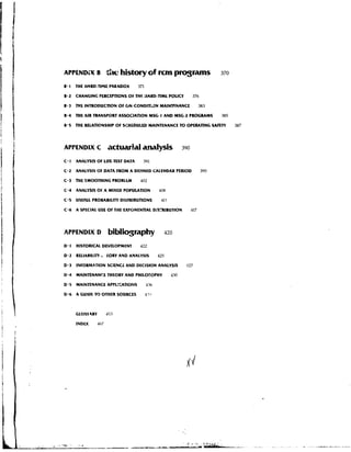 APPENP~X B               the history sf rcm programs                             370

B. I   THE HARD-TIME PARADOX         371

8.2    CHANGING PERCLPTIONS OF THE HARD-TlME POLICY                  376

B.3    THE INTRODUCTION OF GN-CONDITC3N MAINTEtiANCE                       383

B.4    THE AIR TRANSPORT ASSOCIATION MSG- 1 AND MSG-2 PROGRAMS                   385

B.5    THE RELATIONSHIP OF SCHEDULED MAINTENANCE TO OPERATING SAFETY                   387




APPENDIX C               i I c t ~ a hilfd s
                                      t l Wb
                                       !                       390

C *1   ANALYSIS OF LIFE-TEST DATA      391

C.2    ANALYSIS OF DATA FROM A DEFINED CALENDAR PERIOD                     395

C.3    THE SMOOTHING PROBLLU          402

C.4    ANALYSIS OF A MIXED POPULATION            40R

C.5    USEFUL PROBABILITY DlSTRIBUTIONS           411

C.6    A SPECIAL USE OF THE EXPONENTIAL D:STRIBUTION                 417




APPENDIX D               bibliqraptuy                  420

D. 1   HISTORICAL DEVELOPMENT         422

D.2    RELIABILITY   I   LORY AND ANALYSIS       425

D.3    INFOllMATlON SCIENCL AND DECISION ANALYSIS               427

D.4    MAINTENANCE THEORY AND PHILOSOPHY                 430

D.5    MAINTENANCE APPLICATIOHS            436

D.6    A GUlDE TO OTHER SOURCES         47<;



       GLOSZ4RY          453

       INDEX      467
 