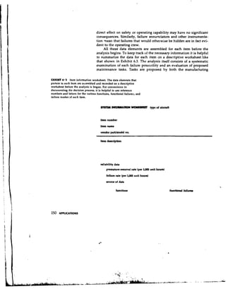 direct effect on safety or operating capability may have no significant
                                    consequences. Similarly, failure annunciators and other instrumenta-
                                    tion mean that failures that would otherwise be hidden are in fact evi-
                                    dent to the operating crew.
                                         All these data elements are assembled for each item before the
                                    analysis begins. To keep track of the necessary information it is helpful
                                    to summarize the data for each item on a descriptive worksheet like
                                    that shown in Exhibit 6.3. The analysis itself consists of a systematic
                                    examination of each failure possiuility and an evaluation of proposed
                                    maintenance tasks. Tasks are proposed by both the manufacturing

EXHIBIT 6 - 3 ltem information worksheet. The data elements that
pertain to each item are assembled and recorded on a descriptive
worksheet before the analysis is begun. For convenience in
documenting the decision process, it is helpful to use reference
numbers and letters for the various functions, functional failures, and
failure niodes of each item.


                                       mm r N # H M A m WOIYIIlUT              type of aircraft


                                       item number
                                       ltem nune
                                       vendor part/model no.




                                       reliability dab
                                            premature-removal rate (per &OW unit houm)
                                            failure rate (per &OW unit houn)
                                           source of data

                                                   functions




150 APPLICATIONS
 