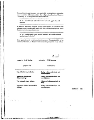 On-condition inspections are not applicable for this failure mode be-
        cause we cannot define a conditio~l will preclude functionnl failures.
                                           that
        This brings us to the question of a rework task:

            15 Is a rework task to reduce the failure rate both applicable and
             effective?

        At the time the initial program is devc:oped there is no information to
        indicate that a i-ework task is applicable and will be cost-effective; hence
        the answer to this question is no.

            16   Is a discard task to avoid failures or reduce the failure rate both
             applicable and effective?
                                                -      -




        Once again, there is no information to support the applicability of all
        economic-life limit, so the answer in an initial program'is no. A failure-




                                                                      p.ge      of
                                                                     item number




                   p r o w*k                                 initial interval



        Inspect brake wear indicators               During walluround ch&       and
                                                    ovamight mtopr

        h p d for broken tinee                      Durlng wdkuound checb and
        (failure finding)                           wcmi&t 9top

        Test outomtic bmke adjueter                 Whenever brake awembly Ir in
                                                    hop
        Ineptd for txtemd leaks (failure            During walkamund checka and
i   ;
        findW                                       ovrmi%tetopr
                                                                                       SECTION 7.3   185
 